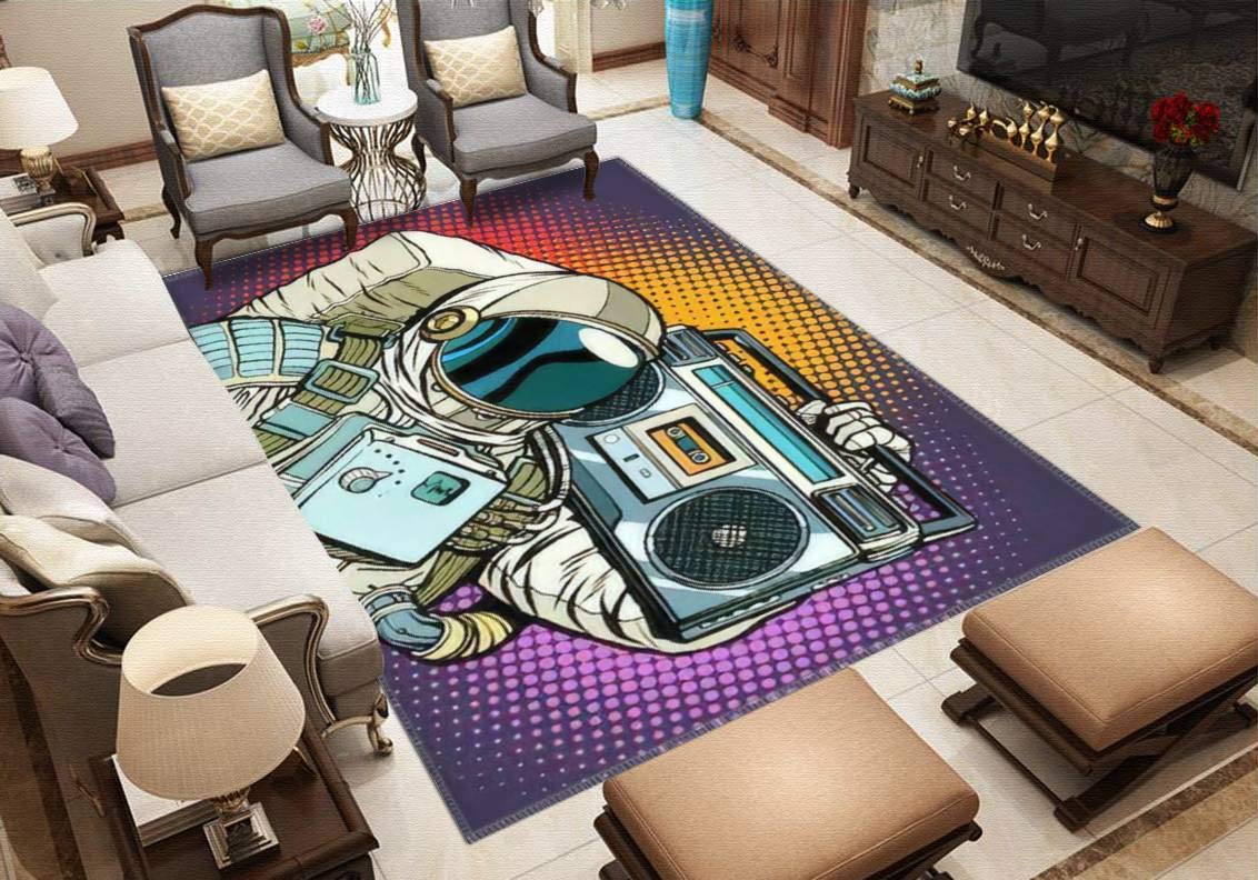 Astronaut with Boombox, Audio and Music Pop Art Retro Vector Area Rugs Floor Mat Non Slip Throw Rugs Soft Door Mat Nursery Carpet for Living Room Home Indoor Outdoor Runner Rugs Yoga Mat