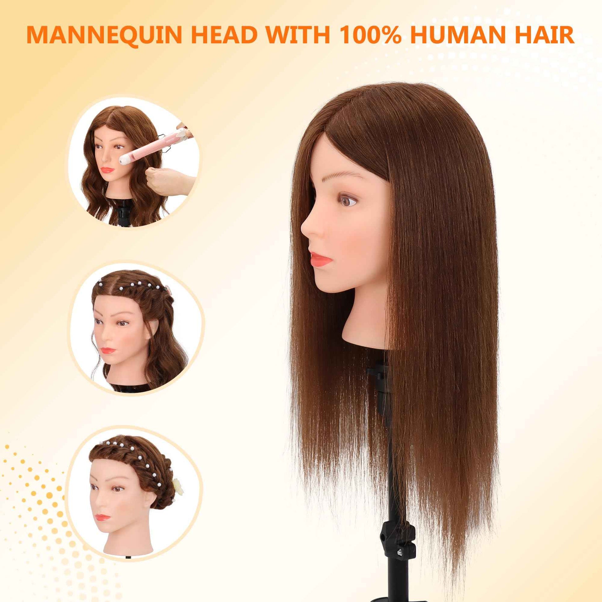 Mannequin Head Human Hair 100% Real Hair Cosmetology Mannequin Head for Practice Braiding Hairstyling Cutting with Tools and Tripod Stand (Dark Brown)