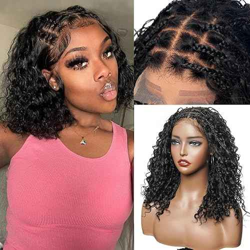 Knotless Boho Box Braided Wigs for Black Women 10 Inch Glueless Double 5x5 HD Lace Front Curly Human Hair 200% Density Short Boho Box Braided Bob Wigs Bohemian Knotless Braid Wigs with Baby Hair