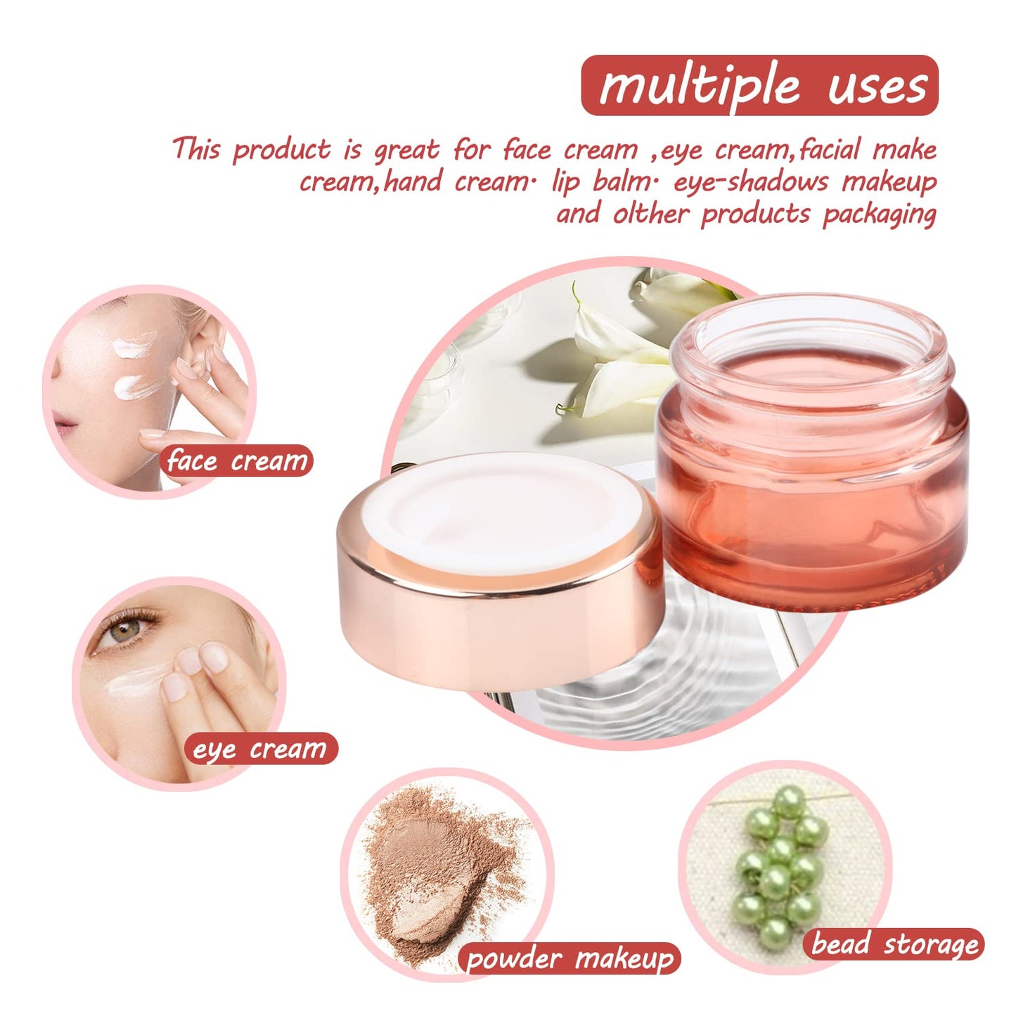 DMuuuDM 12 Pcs 0.5 oz Pink Glass Jars,Empty Refillable Cream Jars with Rose Gold Lids&Inner liner,Sample Cosmetic Container Vials Pot for Face Cream,Ointment,Lotion,Moisturizer