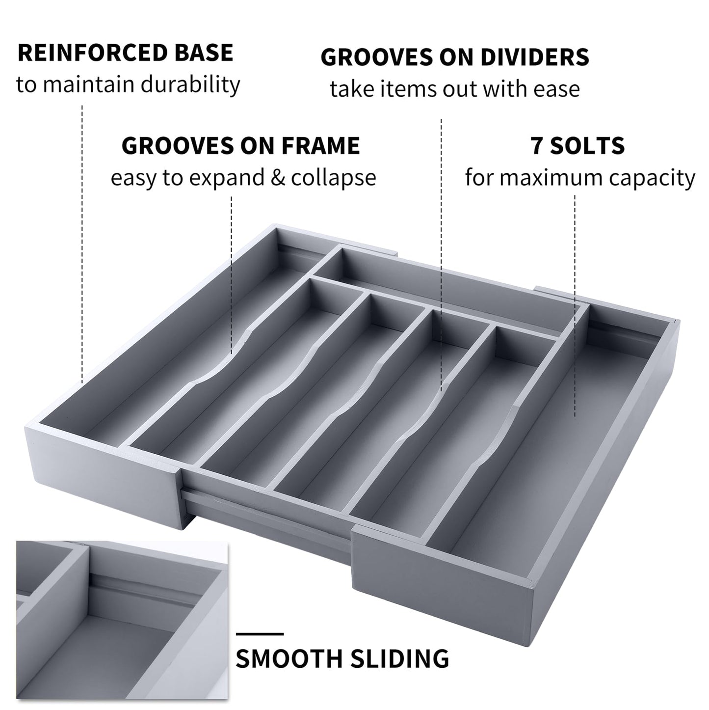 oridom Expandable Bamboo Kitchen Drawer Organizer for Cutlery and Utensils, Adjustable Bamboo Wood Cutlery Tray in Drawer for Flatware and Silverware in Kitchen, (Grey)