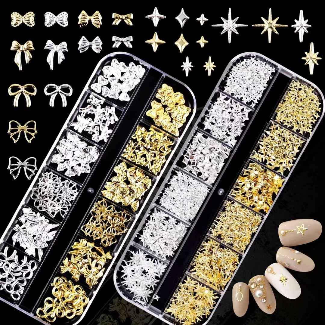 COOSLIM 150PCS Gold Bow Nail Charm 3D Silver Nail Bows 12 Styles Mini Alloy Bowknot Diamonds Butterfly Gems Christmas Wedding Prom Crystal Rhinestones Decoration for Women Girls Crafts DIY 4