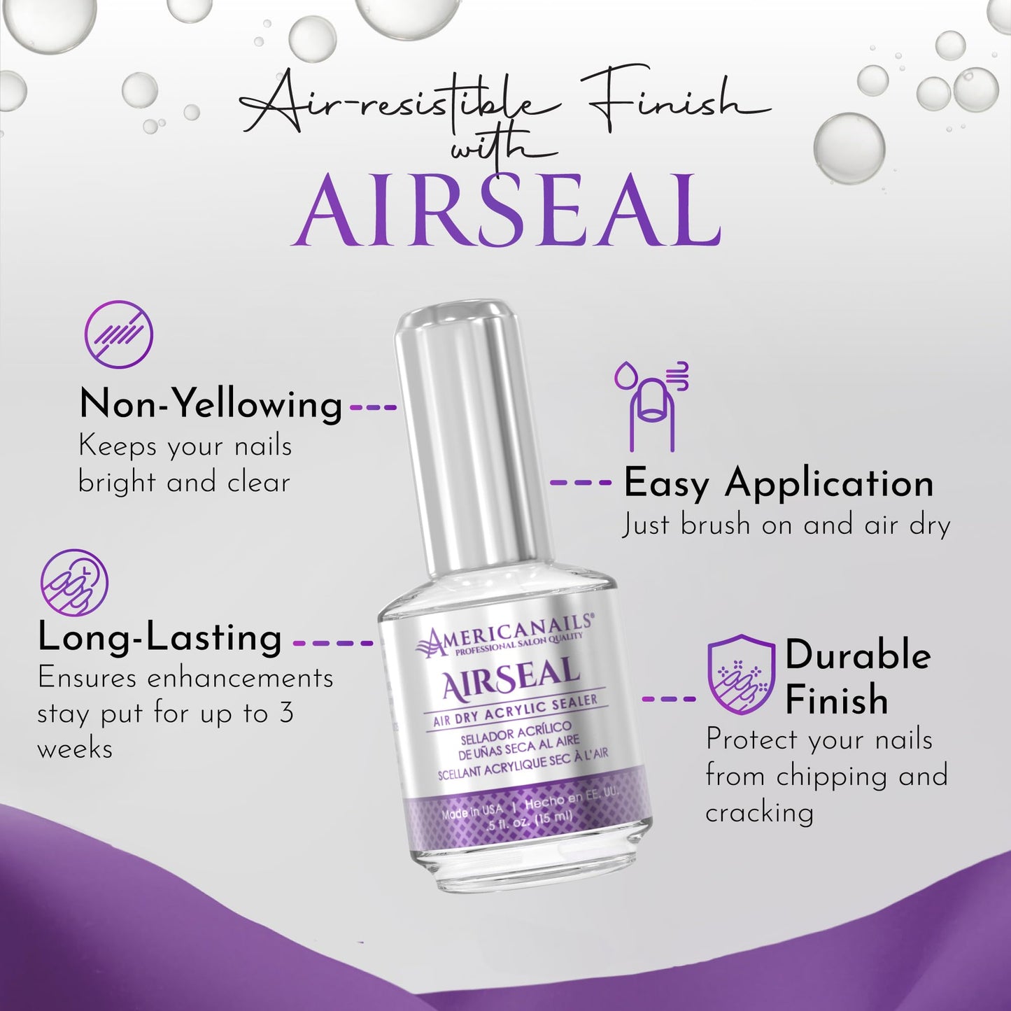 Americanails AirSeal Air Dry Acrylic Sealer - Rapid-Drying, Glass-Like Finish on Acrylic, Dip, Gel Nails, & Wraps, UV Protection, Ultra Glossy, Flawless, Lasting Shine, Easy Application, .5oz