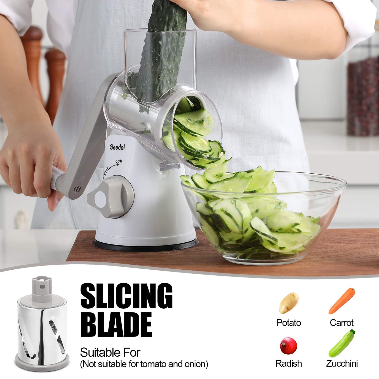 Geedel Rotary Cheese Grater, Kitchen Mandoline Vegetable Slicer with 3 Interchangeable Blades, Easy to Clean Rotary Grater Slicer for Fruit, Vegetables, Nuts