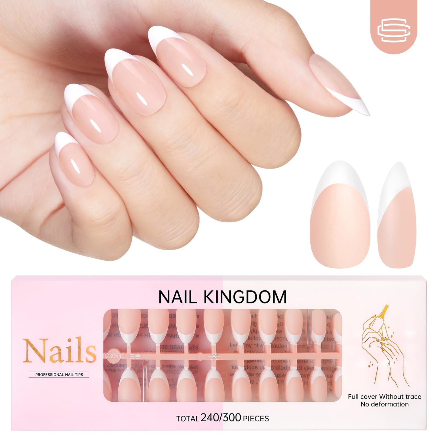 CHRISTINE SHELLY French Gel Nail Tips 240Pcs French Tip Press on Nails Nude Short Almond 4 in 1 Pre-applied Tip Primer & Base Coat No Need to File Fake Nails for Salon & DIY 15 Sizes White