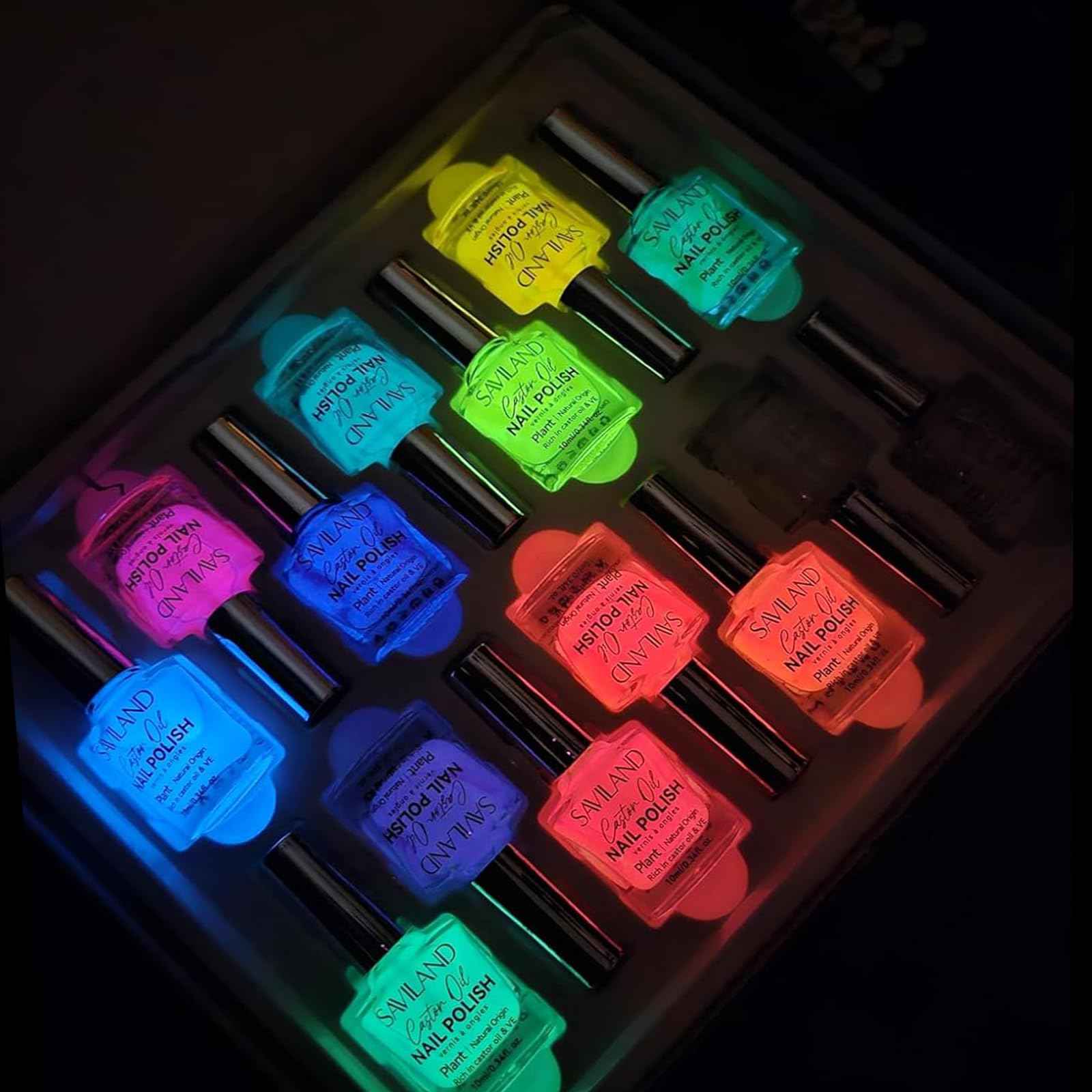 SAVILAND Glows in the Dark Nail Polish: 14 Pcs Quick Dry Nail Polish Set Neon Luminous with Base Top Nail Coat Polish Regular Hot Pink Red Blue Salon Home DIY Nail Art