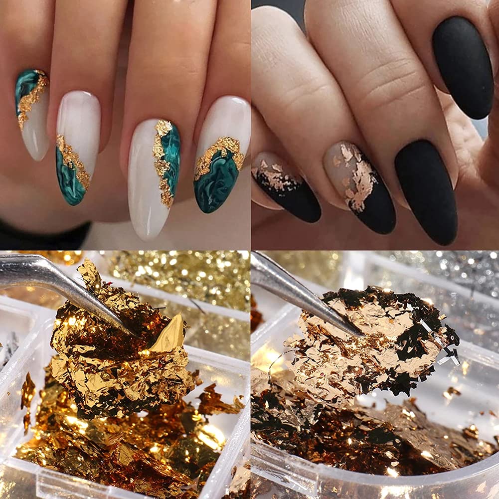 Holographic Nail Art Foil Glitter Flakes 3D Sparkly Nail Art Stickers Aluminum Foil Flake Sequins Metallic Gold Silver Nail Supplies Foil Glitters Confetti for Acrylic Nails Design Decorations 6 Grids