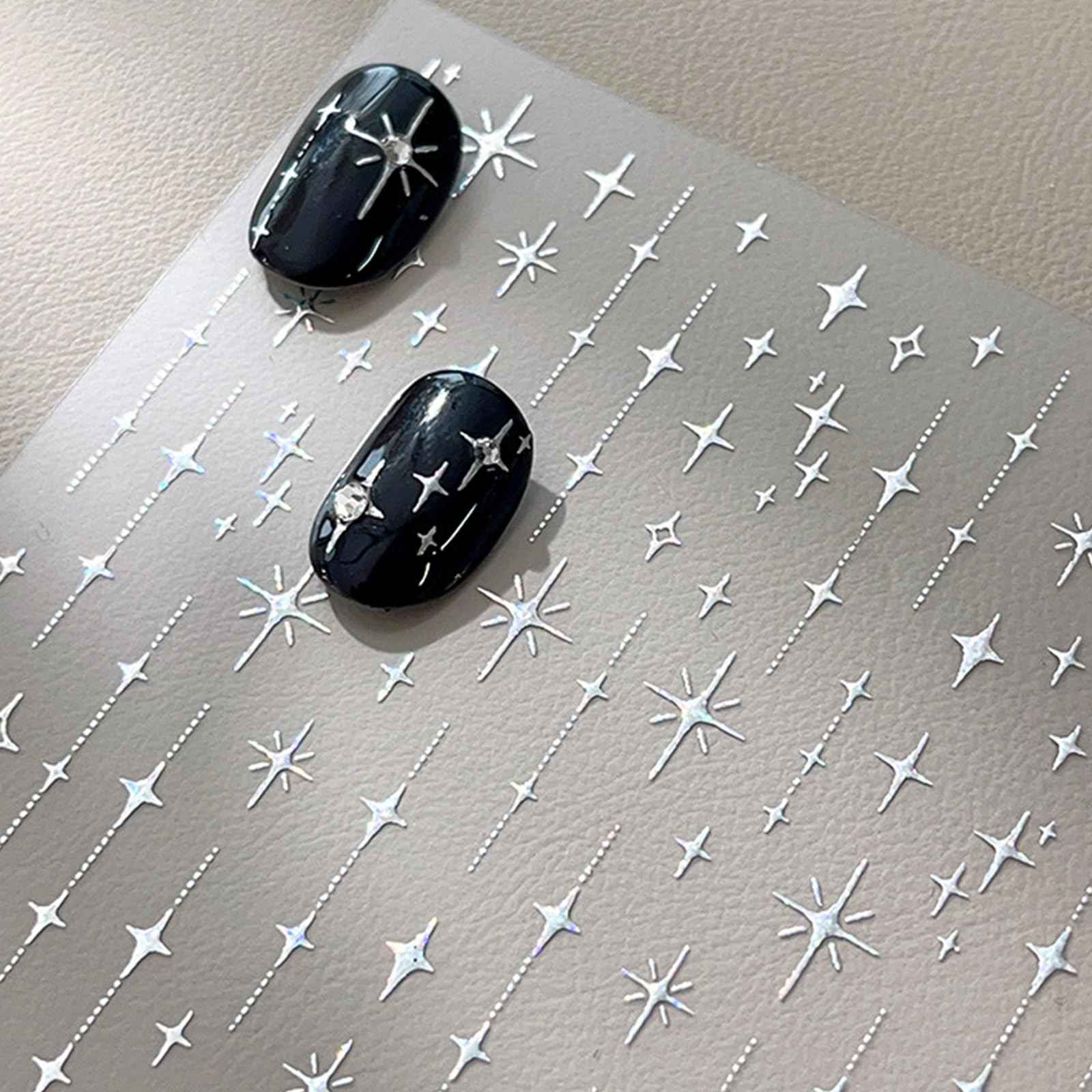 3 Sheets Star Nail Stickers Self Adhesive Aurora Silver Gold Star Nail Decals Glitter Shiny Design Nail Stickers Nail Art Supplies for Women DIY Manicure Acrylic Decoration