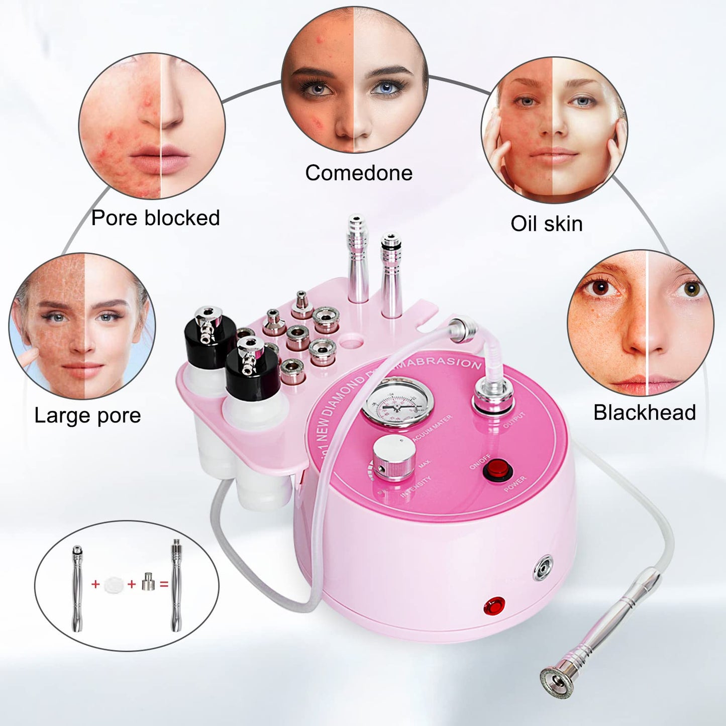 3 in 1 Pink Diamond Dermabrasion Machine Professional Pore Vacuum for Skin Toning Black Head Removal Cleaner with 0-70 cmHg Suction Power Facial Treatment Machine for Home Use