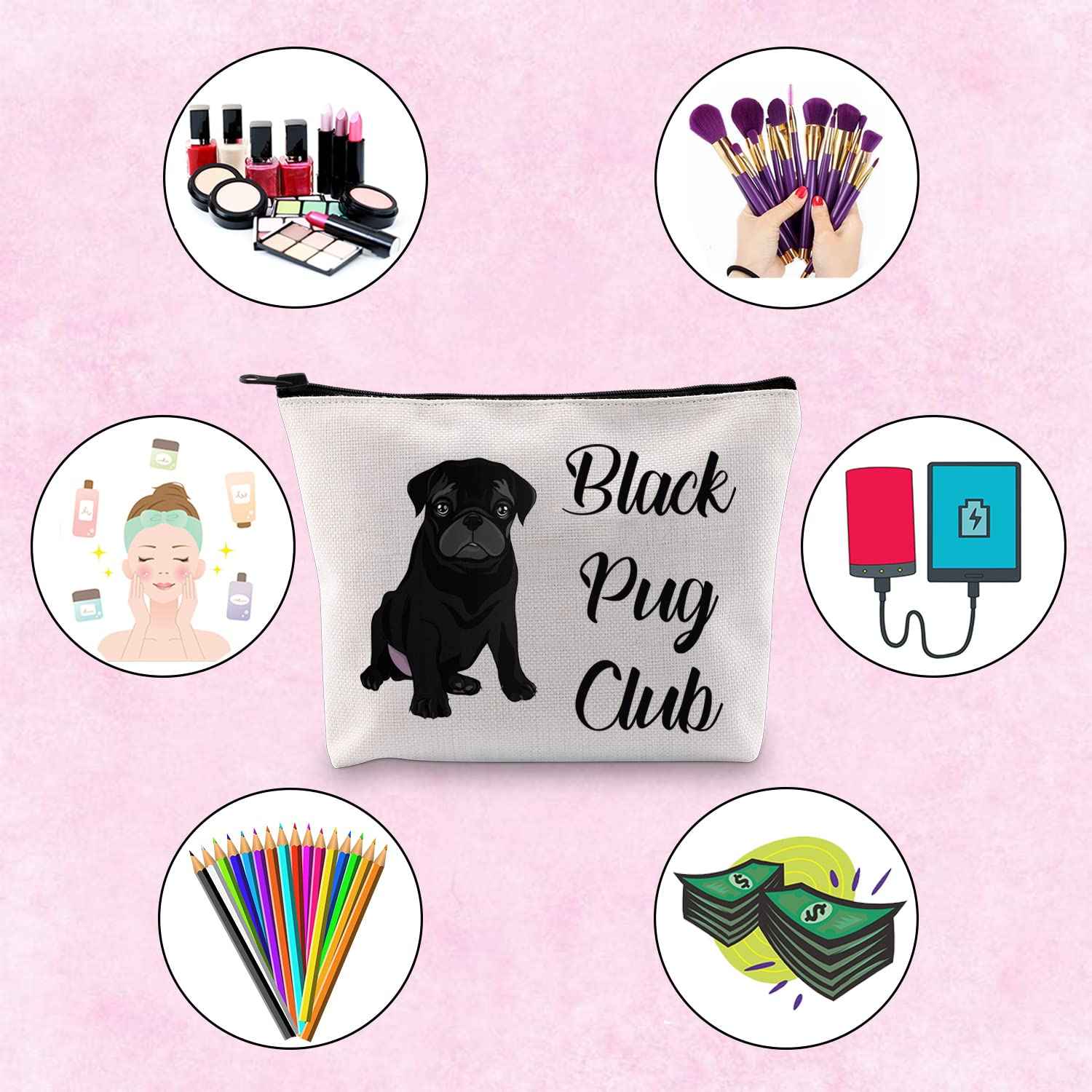 TSOTMO Pug Lover Gift Zipper Pouch Makeup Bag - Black Pug Club Puppy Love