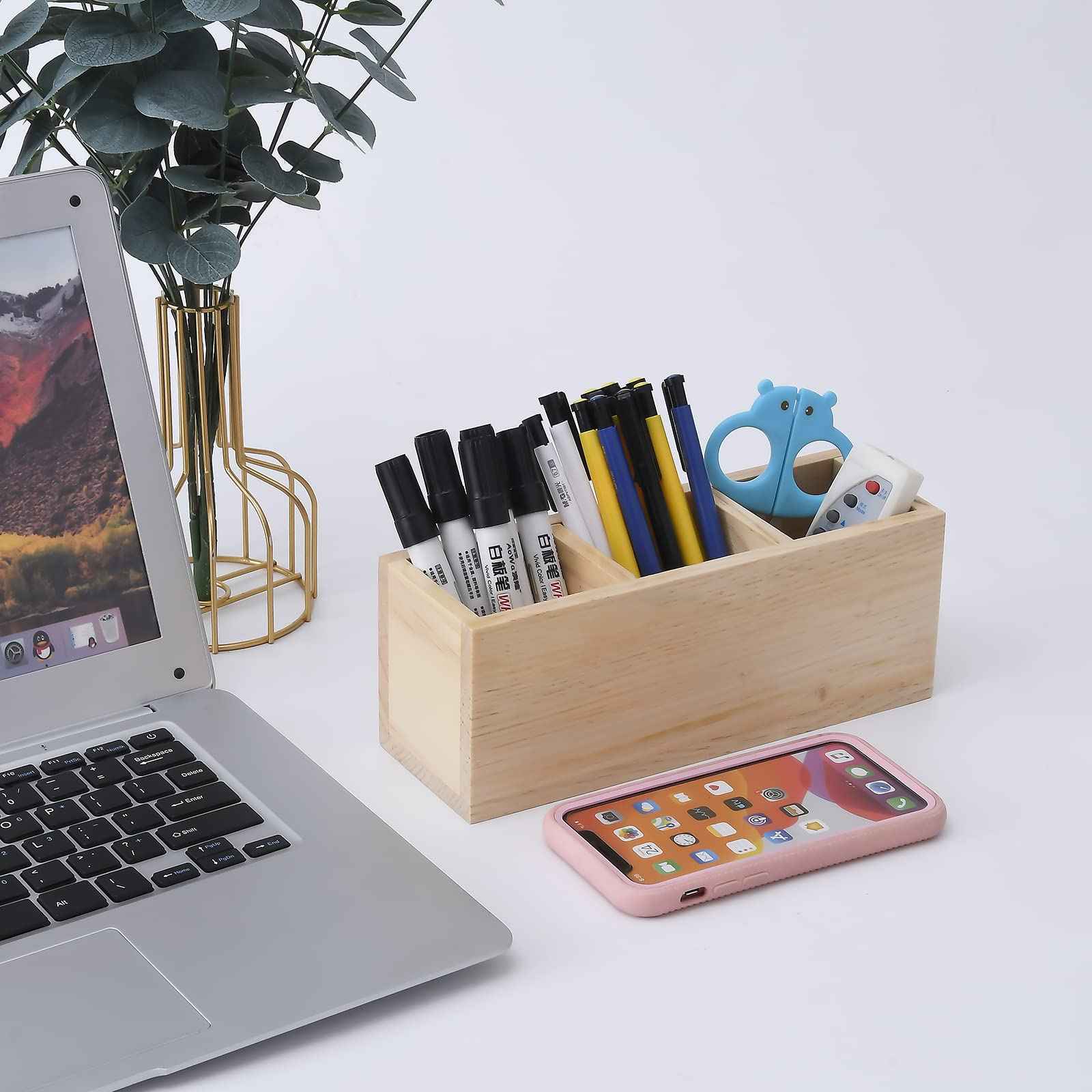 dedoot Wooden Pencil Holder Remote Holder, Unfinished 3 Compartment Wood Desk Organizers Drawer 3 Section, Rustic Remote Control Holder for Desk,School, Home and Office Supplies, 9x3x3.4 Inches