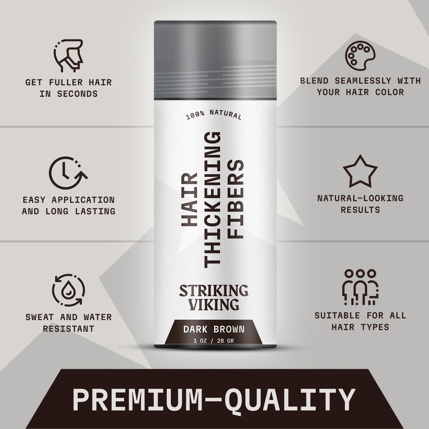 Striking Viking Hair Fibers for Thinning Hair - Hair Building Fibers (Dark Brown) 28g - Naturally Derived Formula - Long Lasting Hair Powder for Undetectable, Thicker Looking Hair for Men & Women