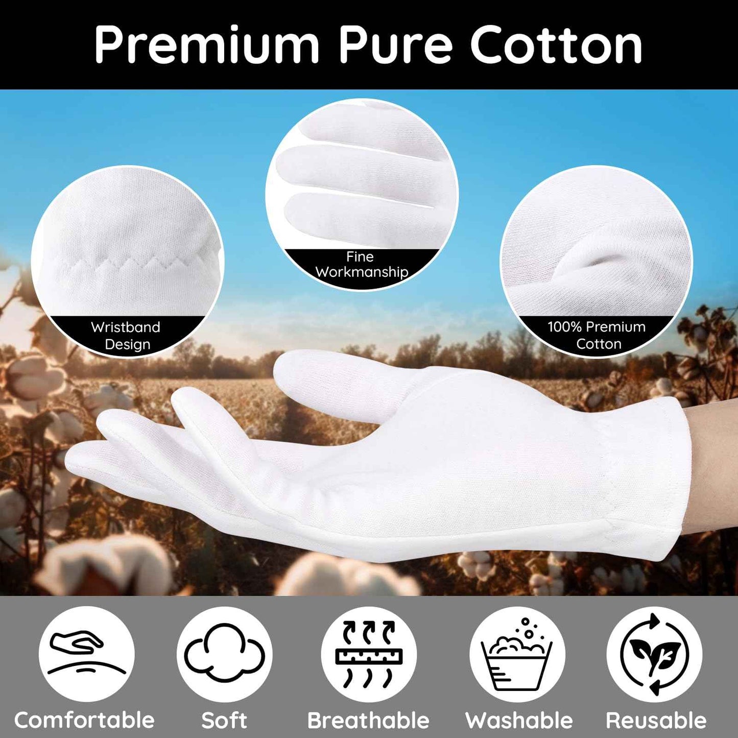 Segbeauty 12 Counts Moisturizing Hand Gloves with Elastic Band, Extra Large Lotion Gloves Overnight for Women, 6 Pairs Moisture Sleeping Gloves for Dry Hands, Thick Cotton Work Gloves for Art Handling