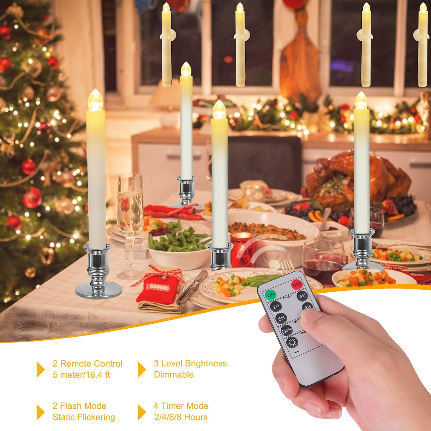 Window Candles 2 Pack Battery Operated Flameless Taper Candles Christmas Window Candles Light with Remote Control, Timer, Removable Silver Holder and Suction Cup for Home Christmas Decorations