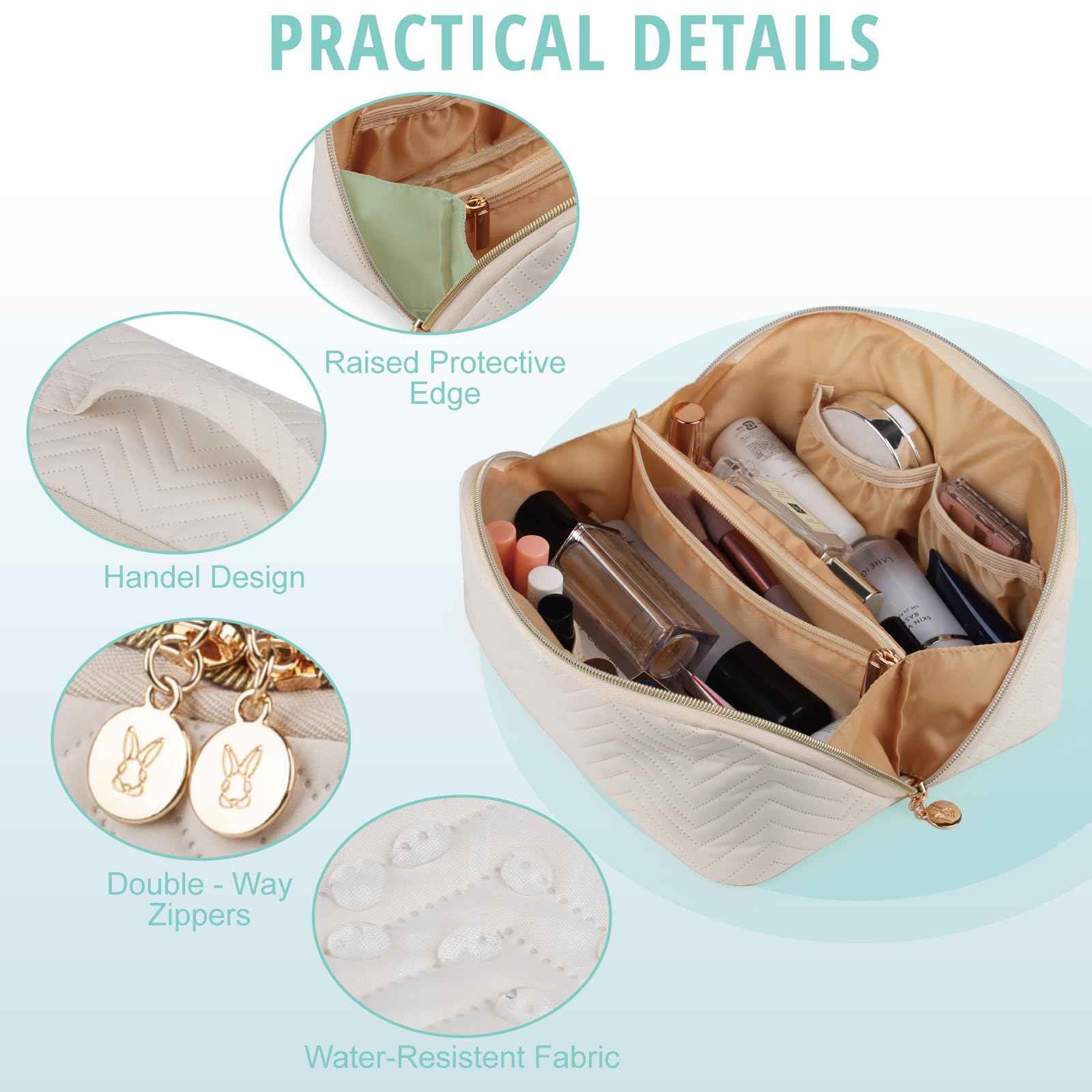 Bunnychill Makeup Bag Cosmetic Bag, Large Capacity Travel Makeup Bag for Women with Portable Pouch Open Flat Water-resistant Toiletry Organizer Bag with Handle (Beige)