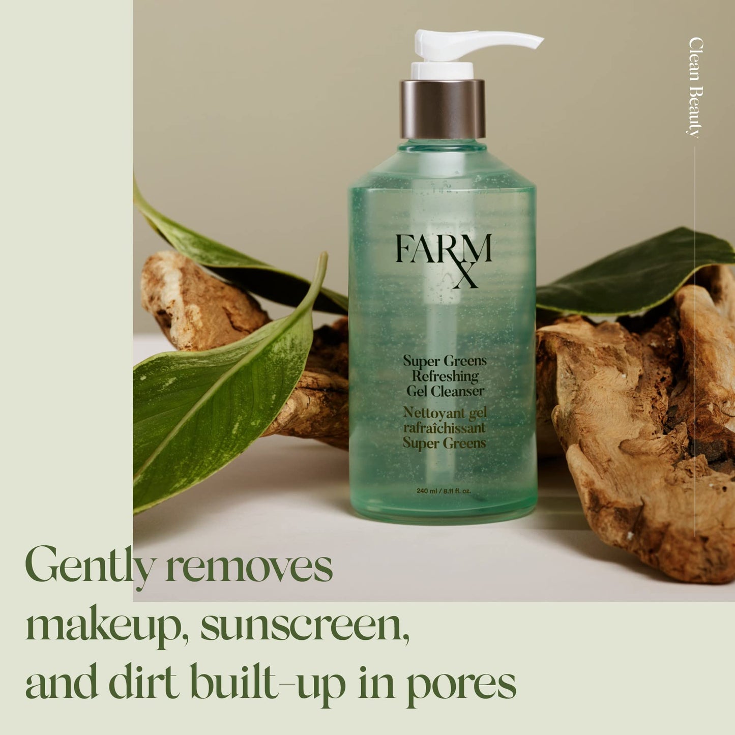 Farm Rx Super Greens Refillable Gel Facial Cleanser - Vegan natural daily gel cleanser with super green ingredients to cleanse skin and remove dirt and makeup (240ml/8.11 fl oz) Clean Beauty