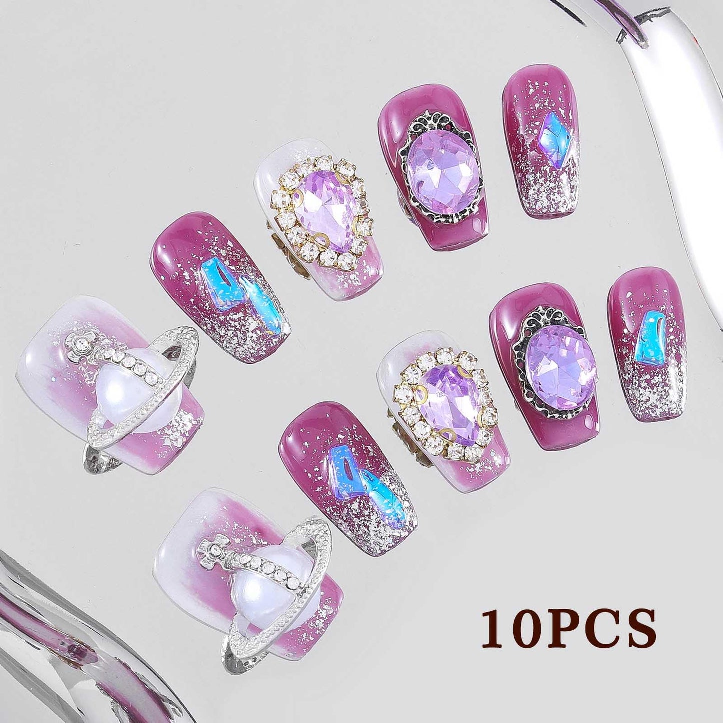 Sethexy Luxury Purple Rhinestone Handmade Fake Nail 3D Crystal Medium Coffin False Nails Aurora Glitter Press on Nail Salon Nails Metallic for Women and Girls 10PCS(E)