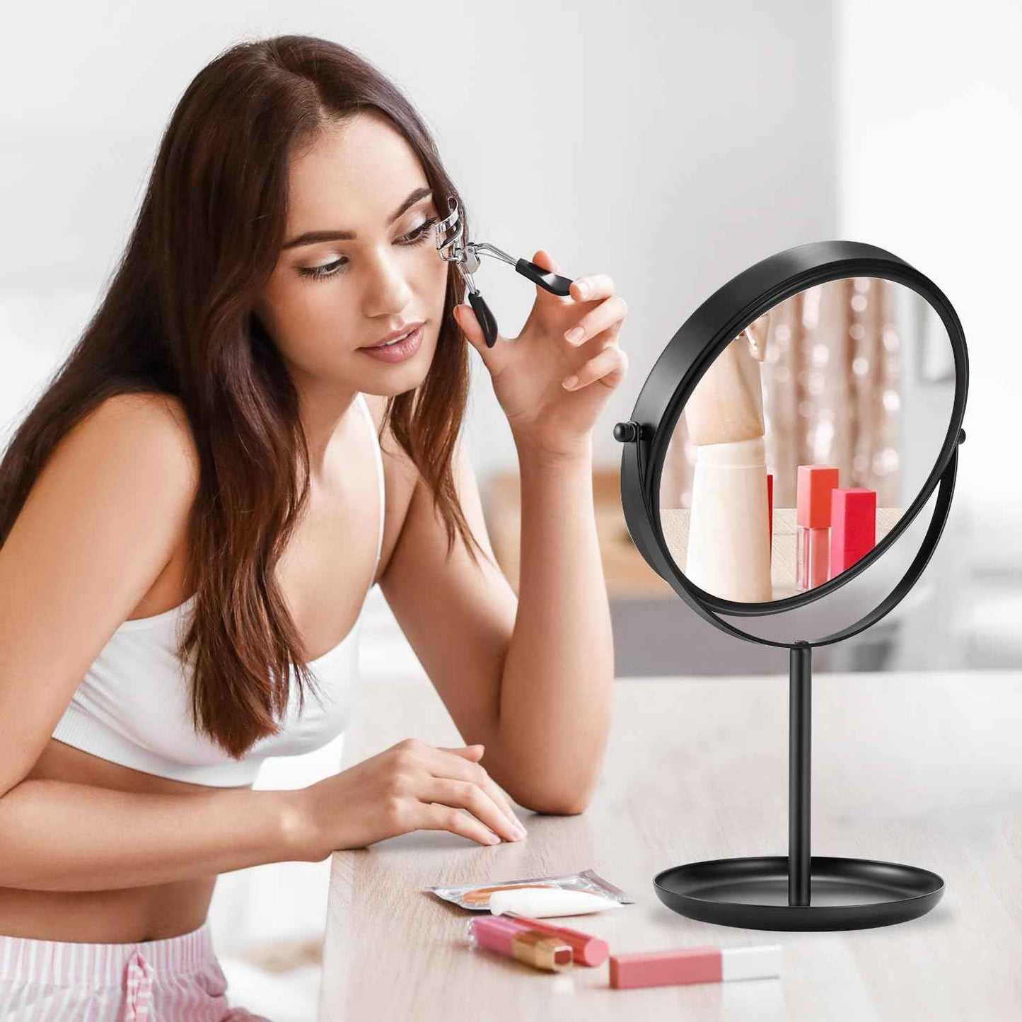DECLUTTR 15X Magnifying Makeup Mirror, 9 Inch Tabletop Mirror on Stand, Large Double Sided Vanity Mirror for Desk, Black