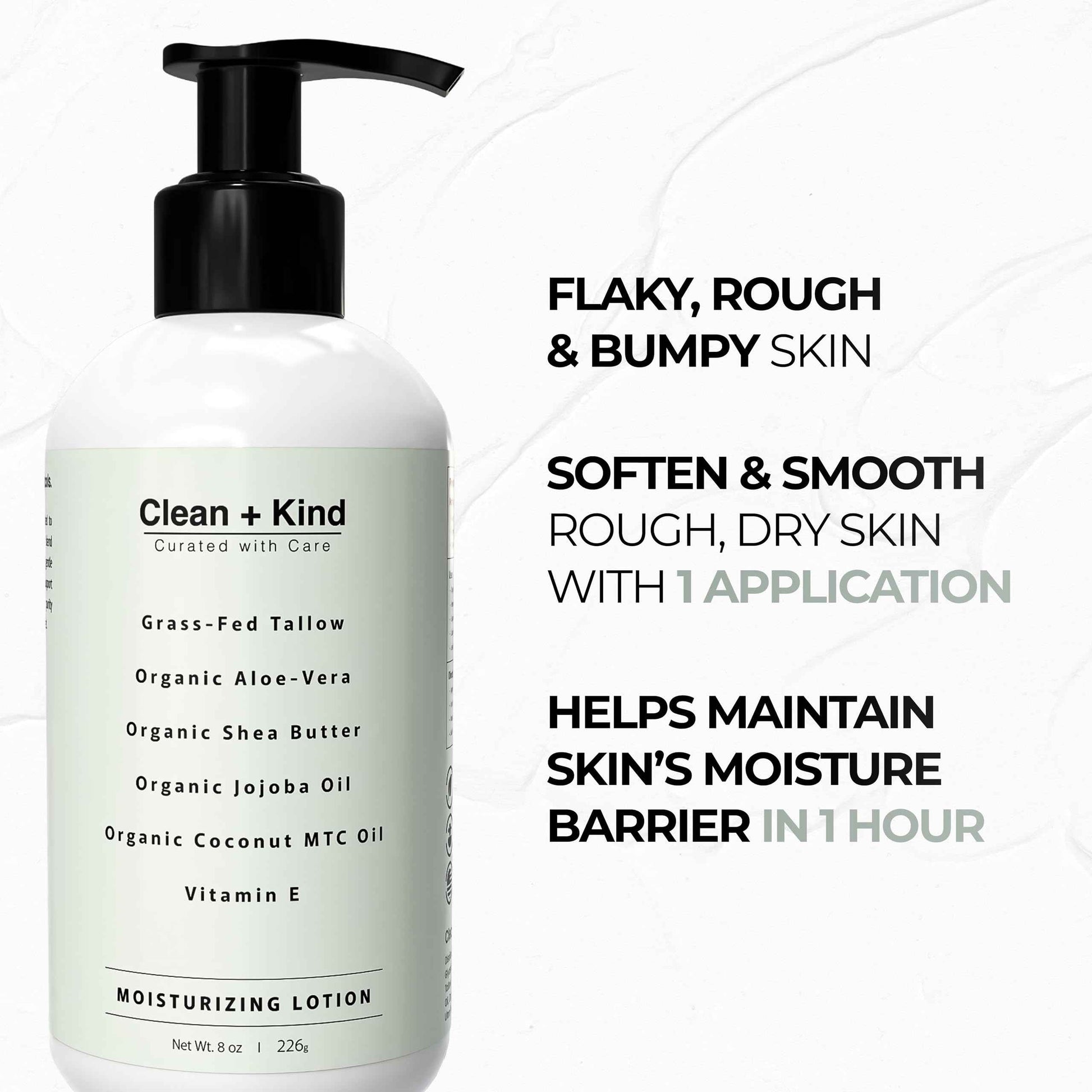 Clean + Kind Daily Moisturizing Lotion – Tallow Body Lotion with Aloe Vera, Shea Butter, Jojoba Oil, MCT Oil & Vitamin E – Deep Hydration for Dry, Rough, Sensitive Skin (8 oz, Vanilla)