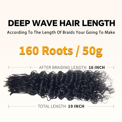 Pre-Divided Deep Wave Human Braiding Hair for Boho Braids Bulk Hair Pre-streached Human Braiding Hair Deep Wave For Black Women (Natural Black, 16 Inch - 160 Roots)