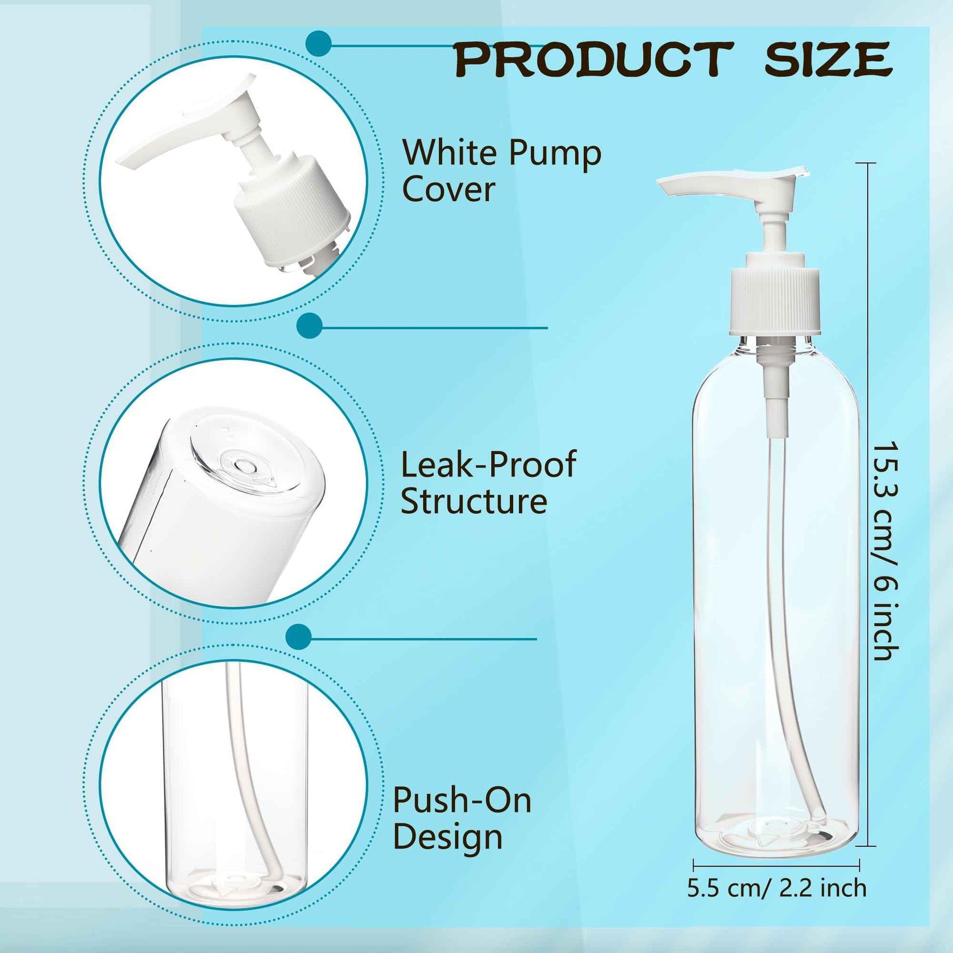 52 Pcs Empty Plastic Pump Bottle 8 oz/ 250 ml Clear Lotion Pump Dispenser Refillable Shampoo Containers Bulk with Travel Lock for Body Wash Liquid Soap Massage Oil Face Cream Conditioner