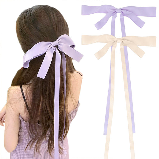 Rywicle Hair Clips Bow for Women Girls for Tassel Ribbon Bowknot Hair Claw Silky Satin French Barrette Lightweight 2 Pack for Summer-Purple Champagne White