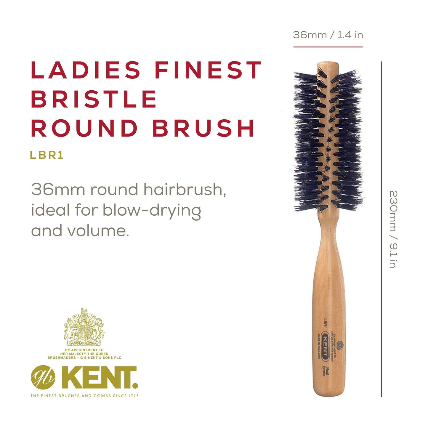 Kent LBR1 Finest Hair Brushes for Women Blow Dry Brush Made of Beechwood -Spiral Radial Boar Bristle Hairbrush for Short or Shaped Hair - Royal Salon Style Straightening Pure Wood Brush from Kent