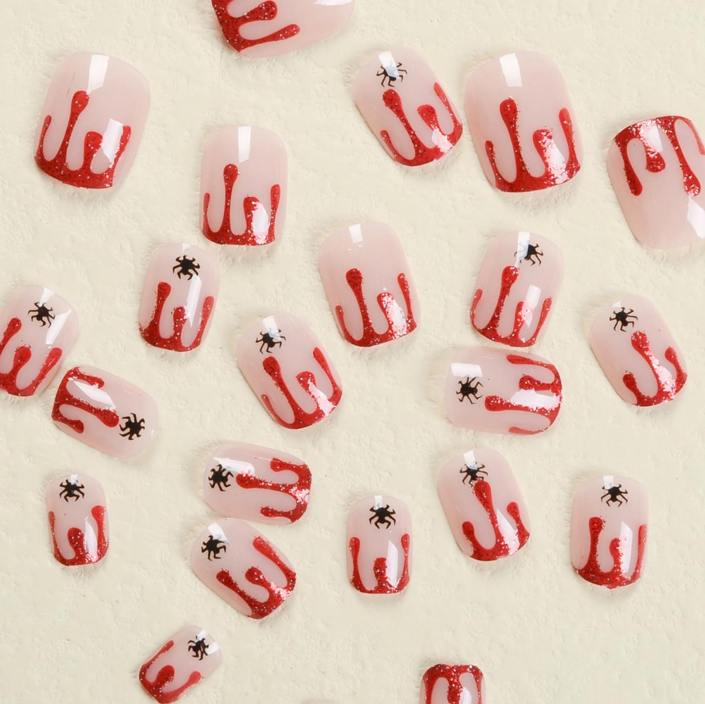 Short Square Press on Nails Halloween Fake Nails French Tip Acrylic Nails Short False Nails with Red Blood Spider Designs Full Cover Artificial Nails Glossy Stick on Nails Cute Glue on Nails 24Pcs