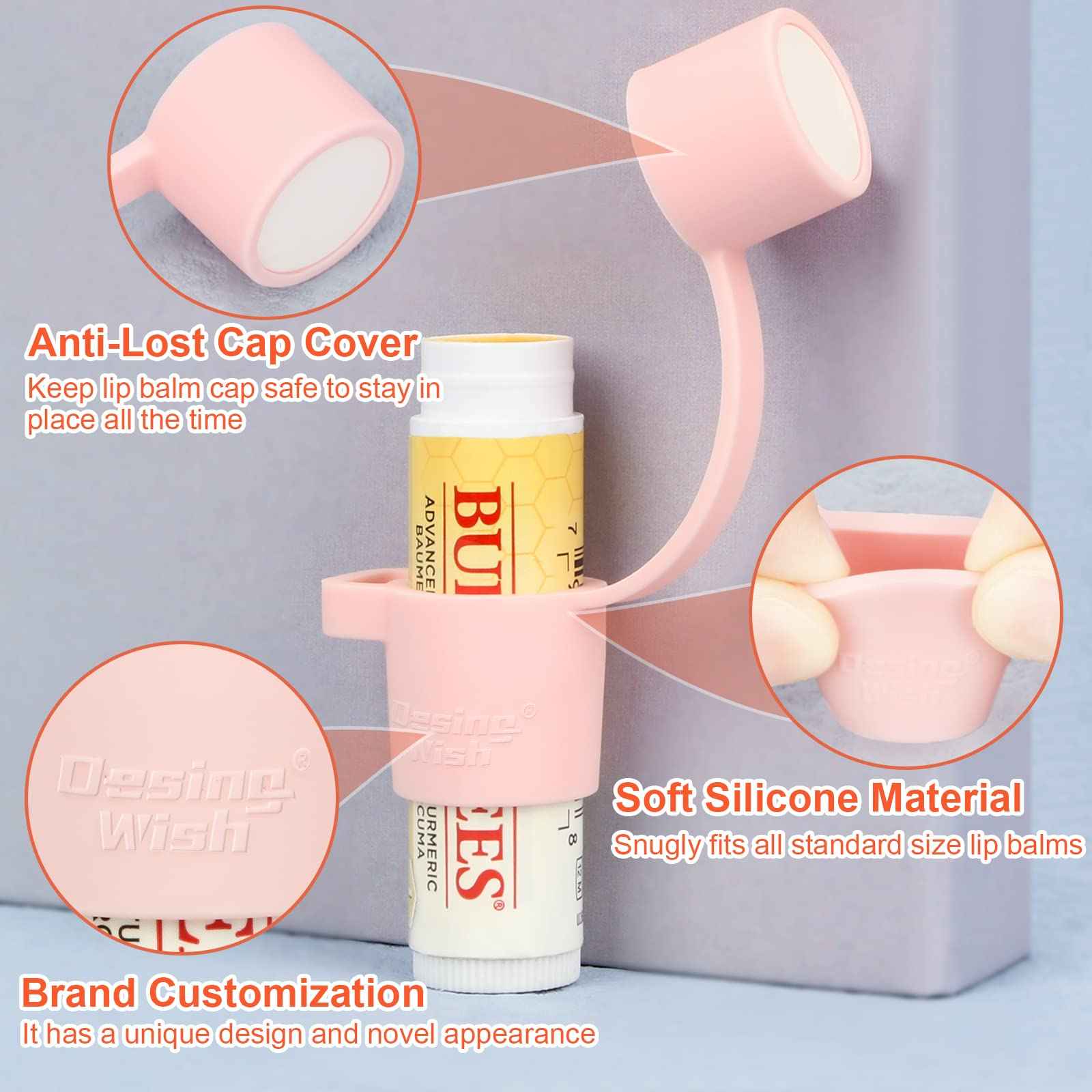 Desing Wish Silicone Chapstick Holder with Cap Cover, 0.6'' Diameter Portable Lip Balm Holder Key Chain Sleeve Chapstick Keychain Holder with Wrist Strap Lanyard - Pink