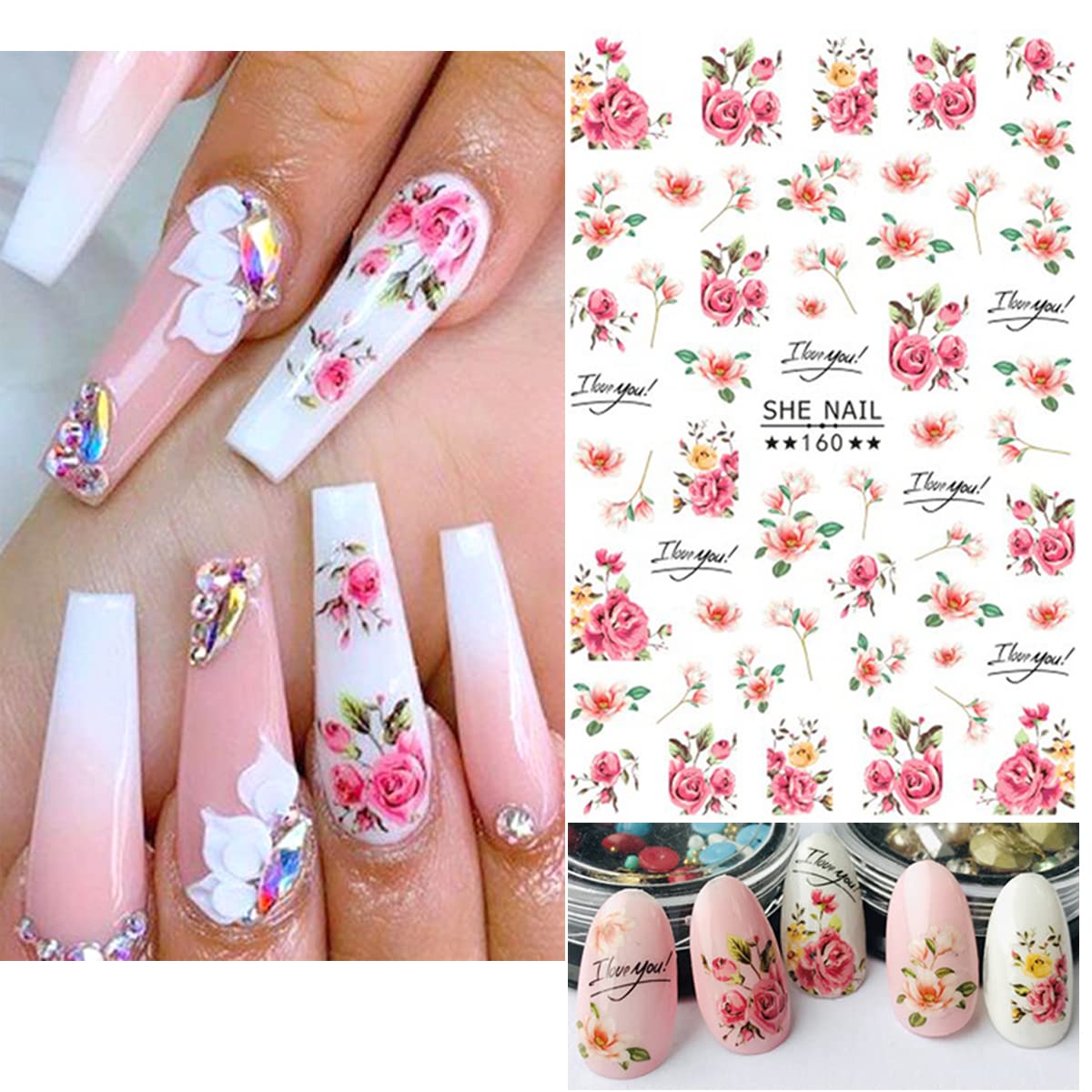 8 Sheets Rose Nail Stickers 3D Flower Decals for Nail Art,Pink Cherry Leaf Small Daisy Retro Flowers Leaf Self-Adhesive Nail Designs Sticker Fashion Simple Floral DIY Manicure Decoration Supplies