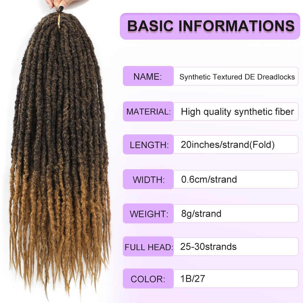 BUFENGSUN Textured Dreadlock Synthetic Double Ended Dreadlock Extensions with Texture 20inches 10 Strands Thin Soft DE Dreadlocks Extensions for Women (10 Strands, 1B/27)