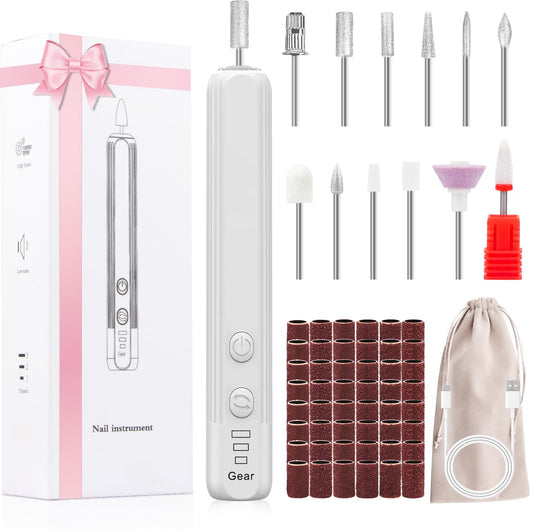 Professional Electric Nail Drill Kit, Portable Cordless Nail File Set for Acrylic, Gel Nails, Manicure and Polishing with 100Pcs Sanding Bands (White)