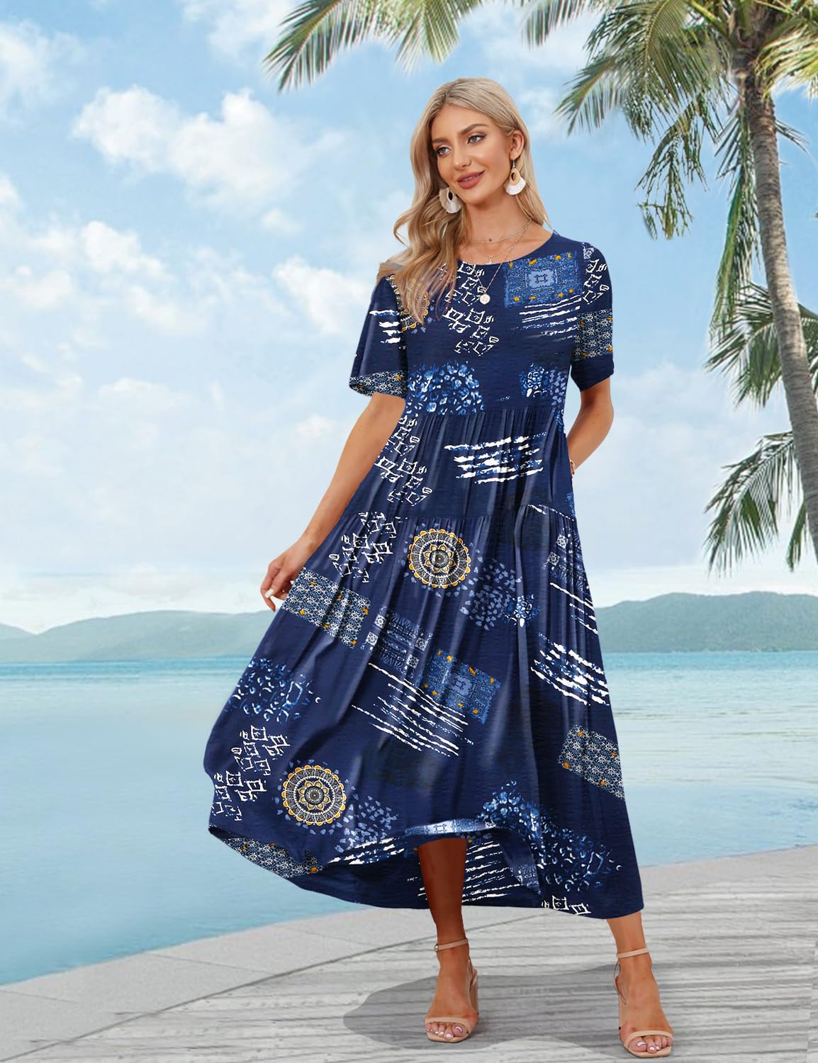 YESNO Women Casual Loose Bohemian Floral Dress with Pockets Short Sleeve Long Maxi Summer Beach Swing Dress S EJF CR176