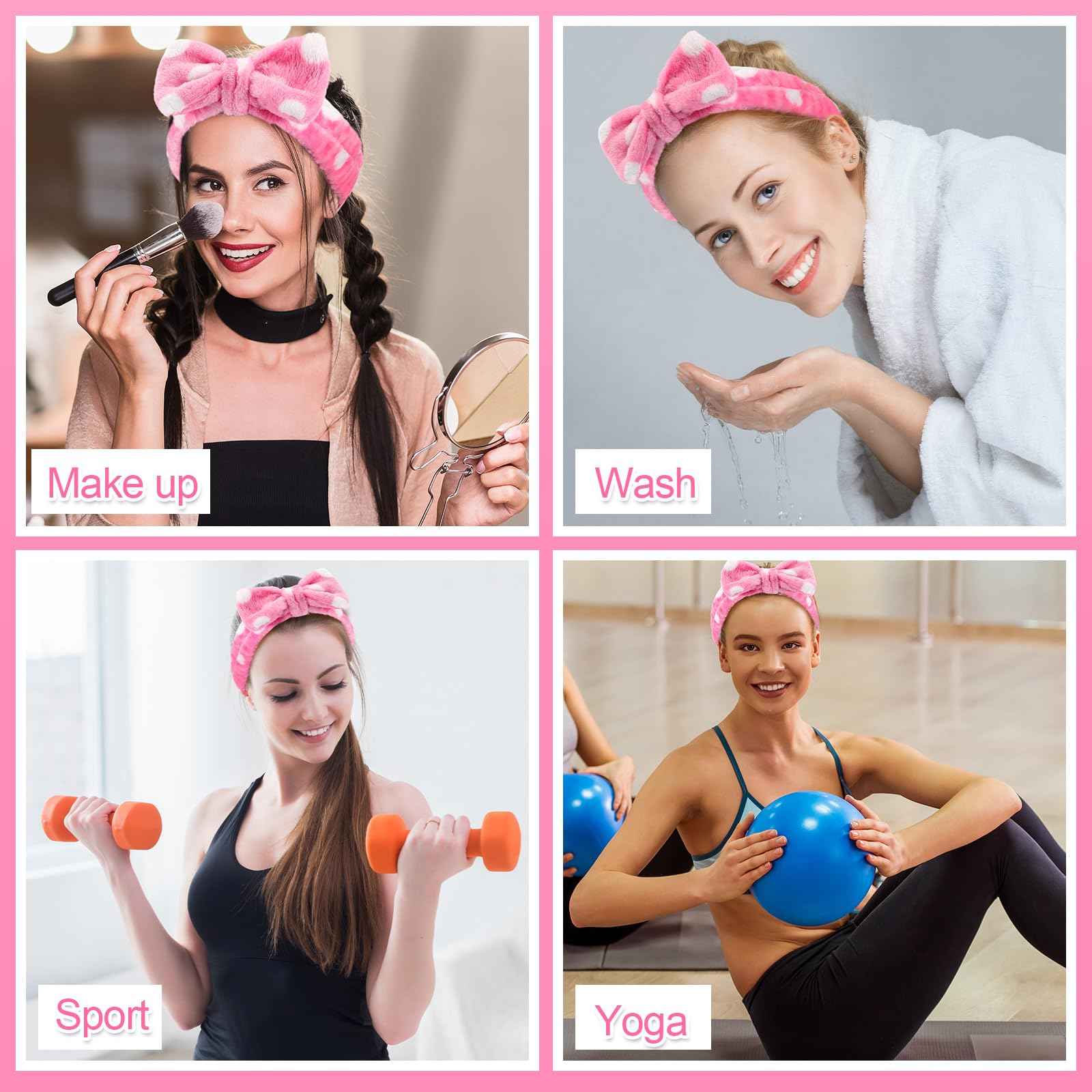 Tigeen 48 Pieces Spa Headband Bulk, Headband for Washing Face, Coral Fleece Bow Hair Band, Skincare Hair Band for Women Shower Cosmetic Facial Makeup Mask (Pink,1 Style)