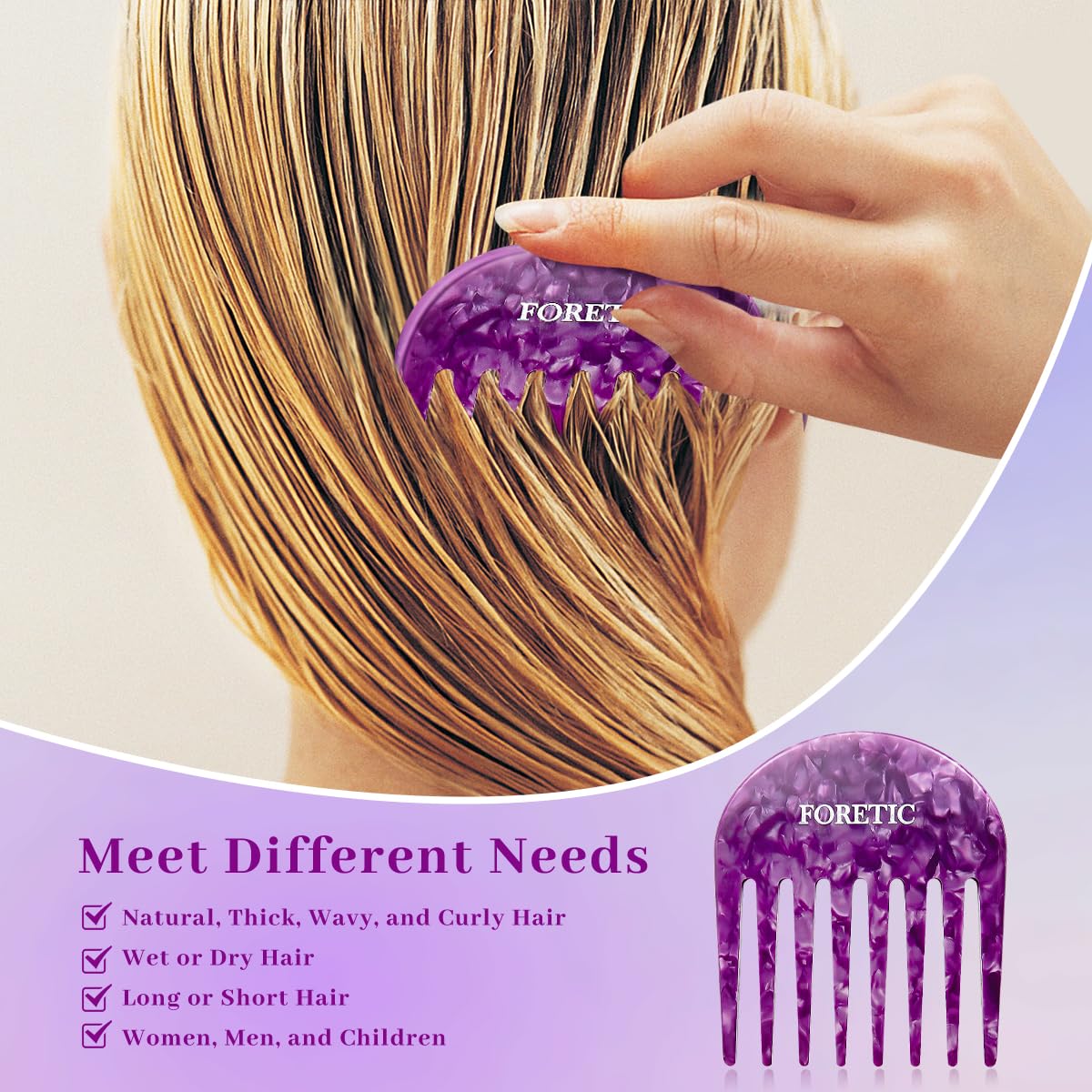 Foretic Handmade Bright Violet Wide Tooth Comb for curly hair.Small Wide Tooth Comb for Long and short Hair Detangler Comb For Wet and Dry. Professional hair cutting combs-3.14Inch