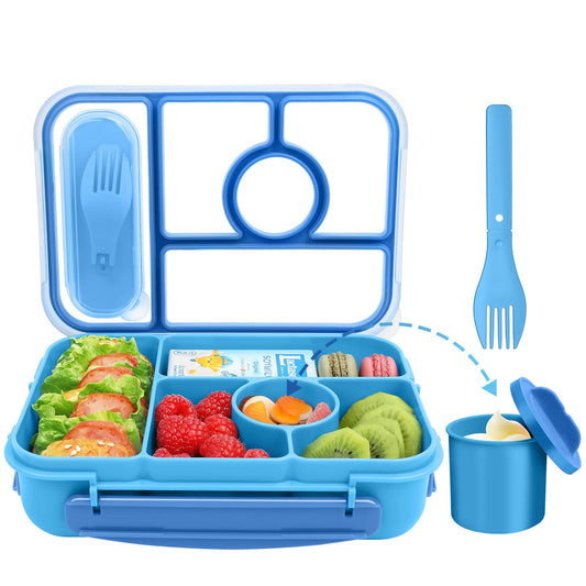 Demiue Lunch Box, Bento Box, Lunch Containers for Adults/Kids/Toddler,5 Compartments Bento Lunch Box with Sauce Vontainers,Microwave & Dishwasher & Freezer Safe,BPA Free(Blue)