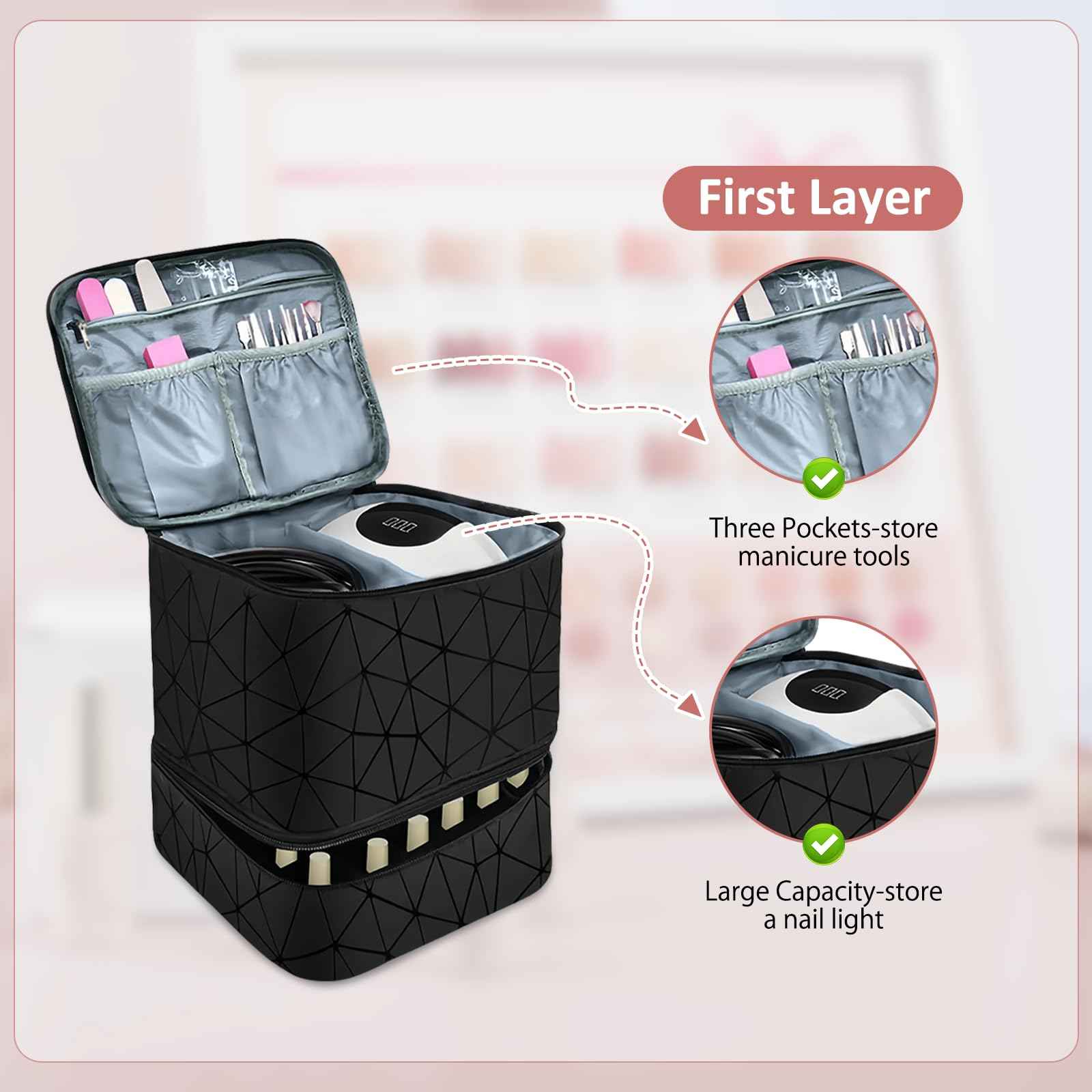 Esoes Nail Polish Organizer Case Double-Layer Nail Bag Storage PU Leather Waterproof Nail Organizer Holds 30 Bottles(15ml) and 1 Nail Lamp Large Travel Nail Supplies Shoulder Bag