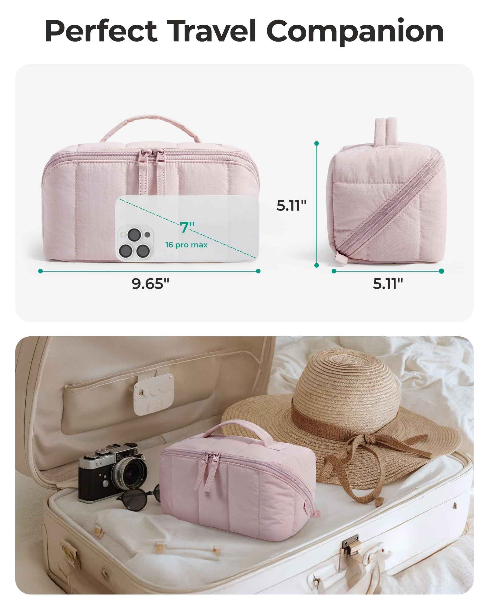 BAGSMART Travel Makeup Bag for Women, Portable Water-resistant Cosmetic Case, Puffy Padded Make Up Organizer Pouch, Open Flat Toiletry Bag for Toiletries, Brushes, Pink