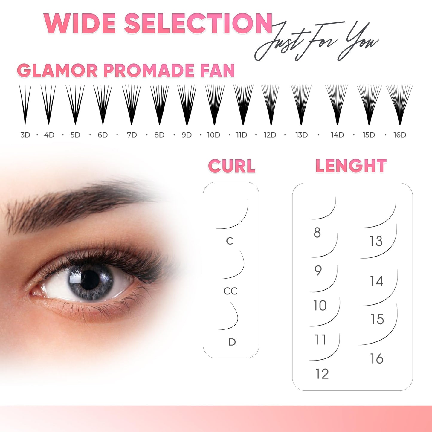 GLAMOREYELASH 750 Promade Fans Loose Mix, Natural Eyelashes Extensions 3D-16D, Handmade Individual Lashes 0.03/0.05/0.07mm Thickness, C CC D, 8-16mm Length for Fluffy Eyelash Cluster (5D-0.07-C, 14-15-16mm)