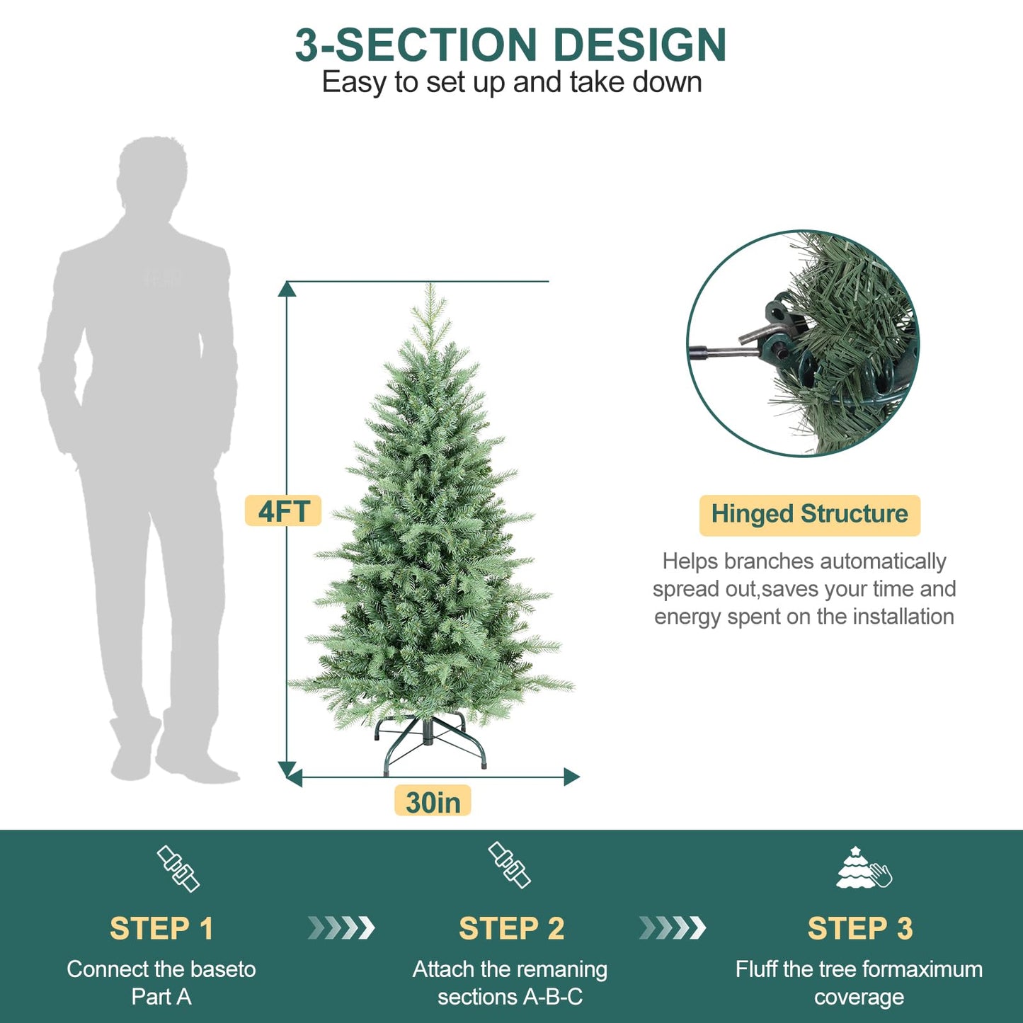 4 FT Artificial Skinny Christmas Tree,Unlit Blue Spruce Slim Pencil Xmas Tree with 566 PE&PVC Mixed Branch Tips,Hinged Pine Tree with Metal Stand for Home Office Décor