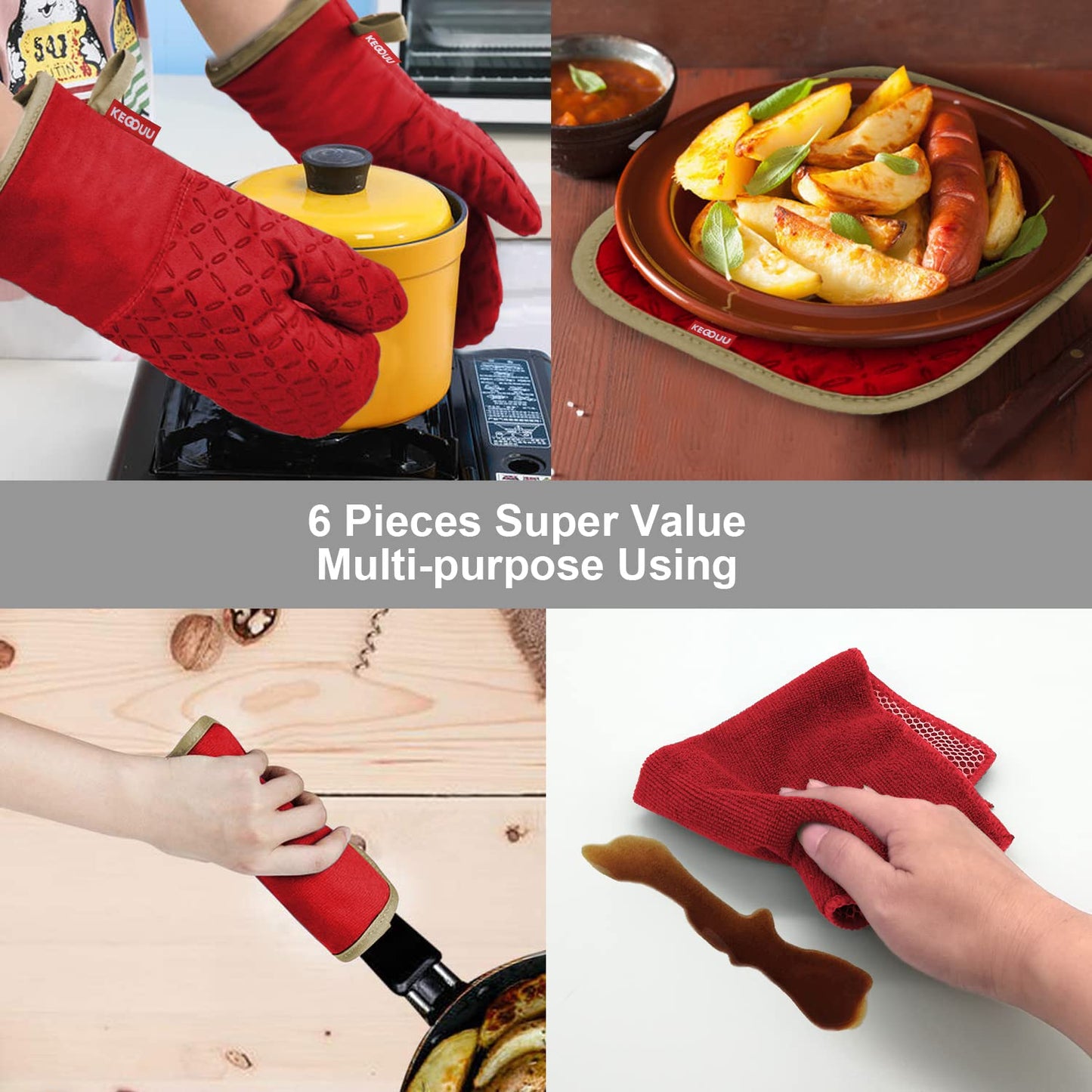 KEGOUU Oven Mitts and Pot Holders 6pcs Set, Kitchen Oven Glove High Heat Resistant 500 Degree Extra Long Oven Mitts and Potholder with Non-Slip Silicone Surface for Cooking (Red)