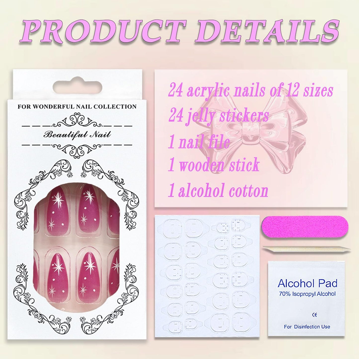 Pink Press on Nails Medium Almond MABKJLF Fake Nails Rose Pink Full Cover White Stars False Nails with Designs Glitter Glossy Glue on Nails Acrylic Manicure Artificial Nails for Women Girls 24Pcs