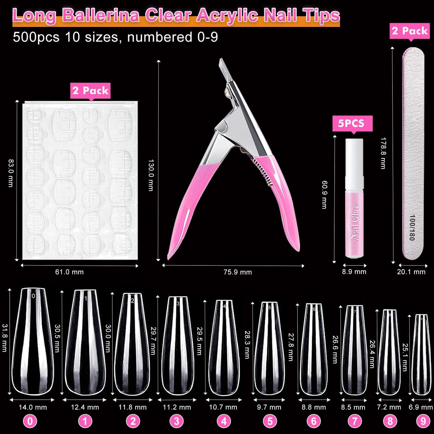 500 Pcs Coffin Nail Tips, AITRAI Long Nail Tips for Acrylic Nails Professional Clear Coffin Nail Tips Full Cover Ballerina False Nails Tips with Glue, Adhesive Tabs Acrylic Nail Clipper Files,10 Size