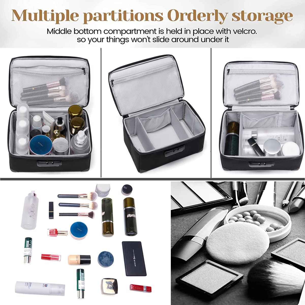 KaAutoler Portable Cosmetic Bag with Lock, Large Capacity Travel Makeup Case Organizer, Waterproof Makeup Bags for Girls Traveling With Handle and Divider Makeup Bag…(Black)