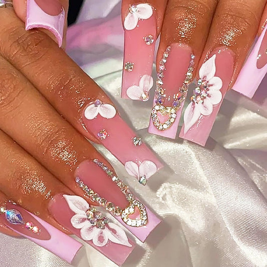 24 Pcs Long Square Press on Nails Fake Nails Pink Full Cover Stick on Nails with Floral Rhinestone Designs Glossy False Nails 3D Nail Charms French Tip Nails for Women Girls