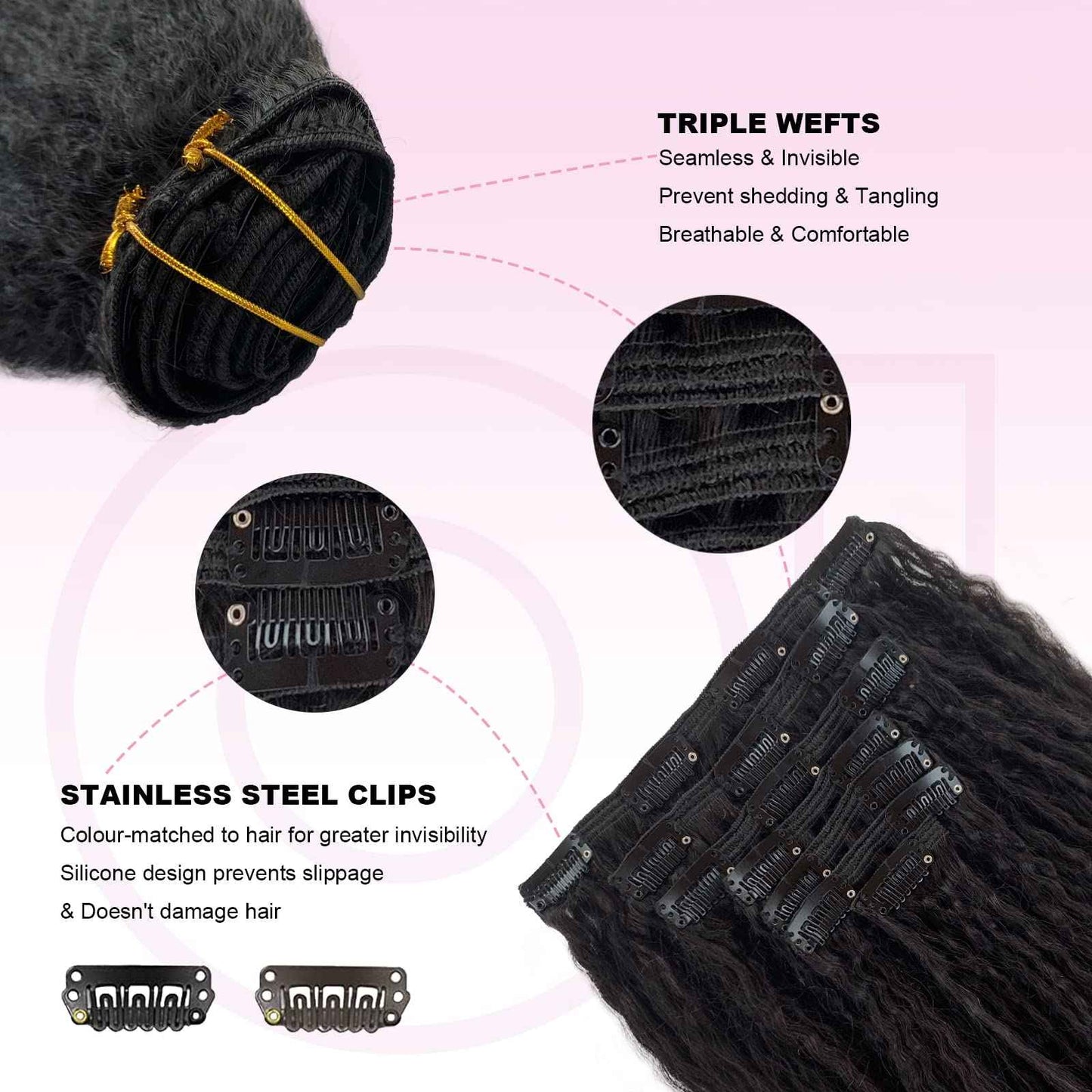 OiMiGO Real Hair Extensions, Natural Black Kinky Straight Clip in Extensions Brazilian Human Hair Clip ins Extension for Black Women 7 Pieces 14 Inch 120g