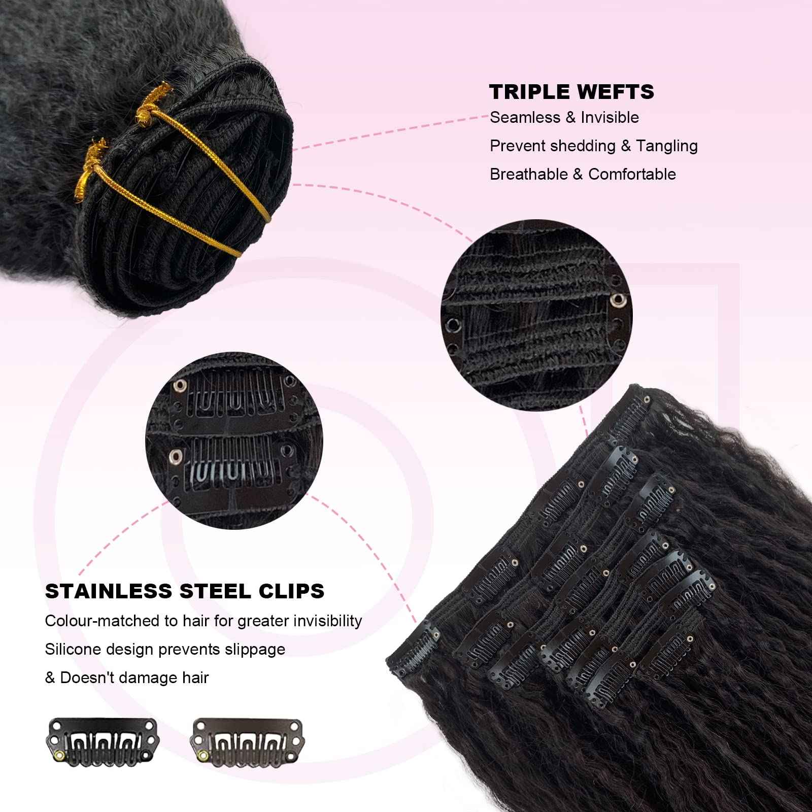 OiMiGO Real Hair Extensions, Natural Black Kinky Straight Clip in Extensions Brazilian Human Hair Clip ins Extension for Black Women 7 Pieces 14 Inch 120g