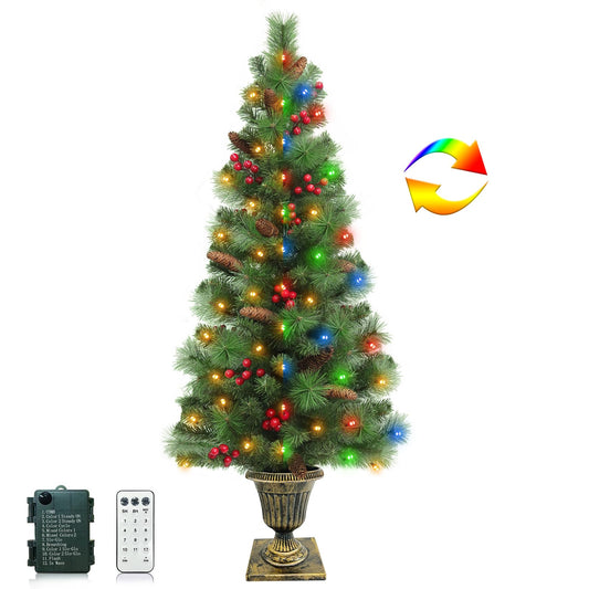 4 Ft Artificial Potted Outdoor Christmas Tree in Base with Canyon Pine Tips Timer Remote 12 Modes 80 Warm White&Colorful Change Light Pine Cones&Red Berries Battery Operated for Front Door Porch Decor