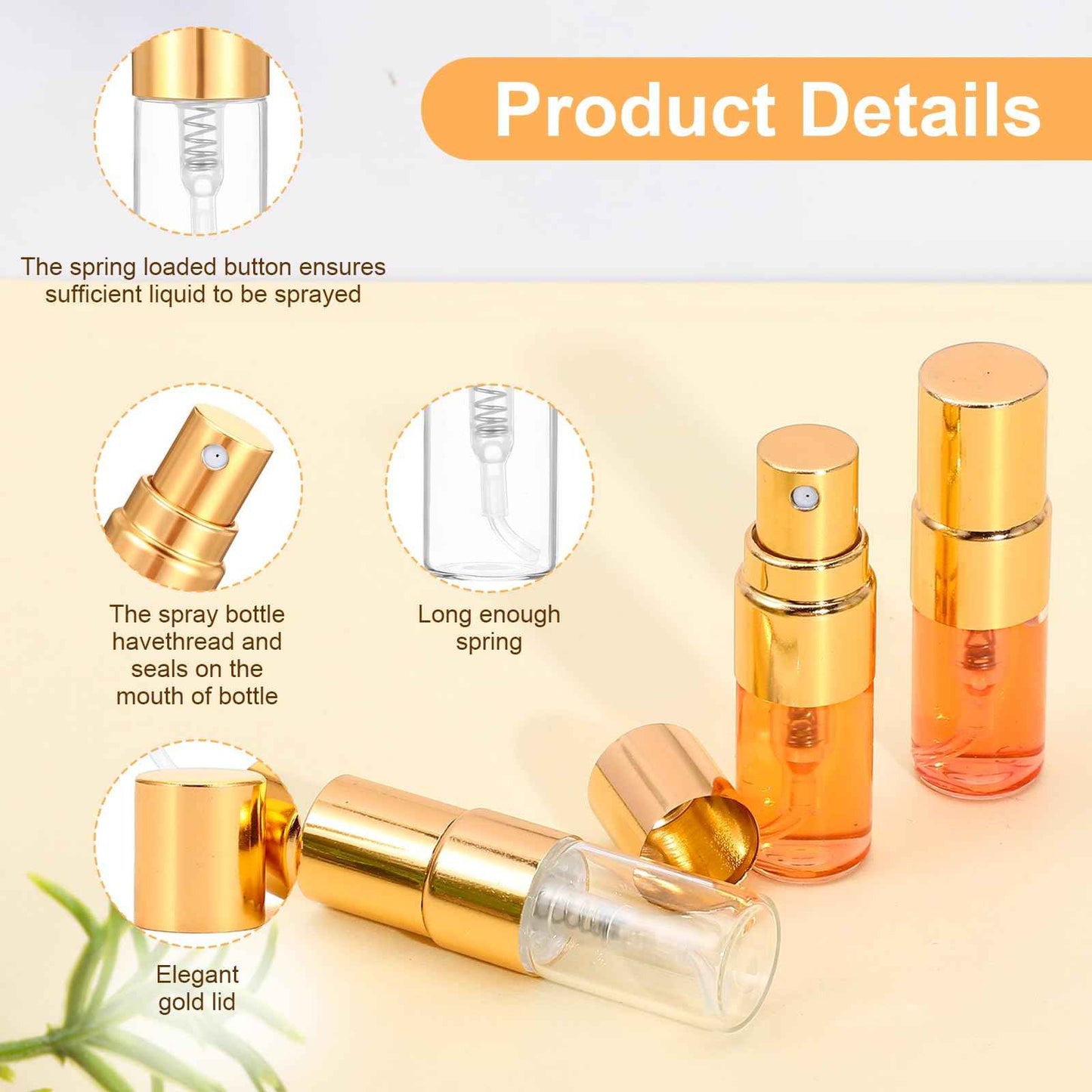 AojSup 50 Pcs Mini Spray Bottles, 2 ml Clear Glass Perfume Bottles, Refillable Fine Mist Perfume Atomizer, Portable Empty Sample Containers for Cleaning, Essential Oils, Travel (Gold Cap)