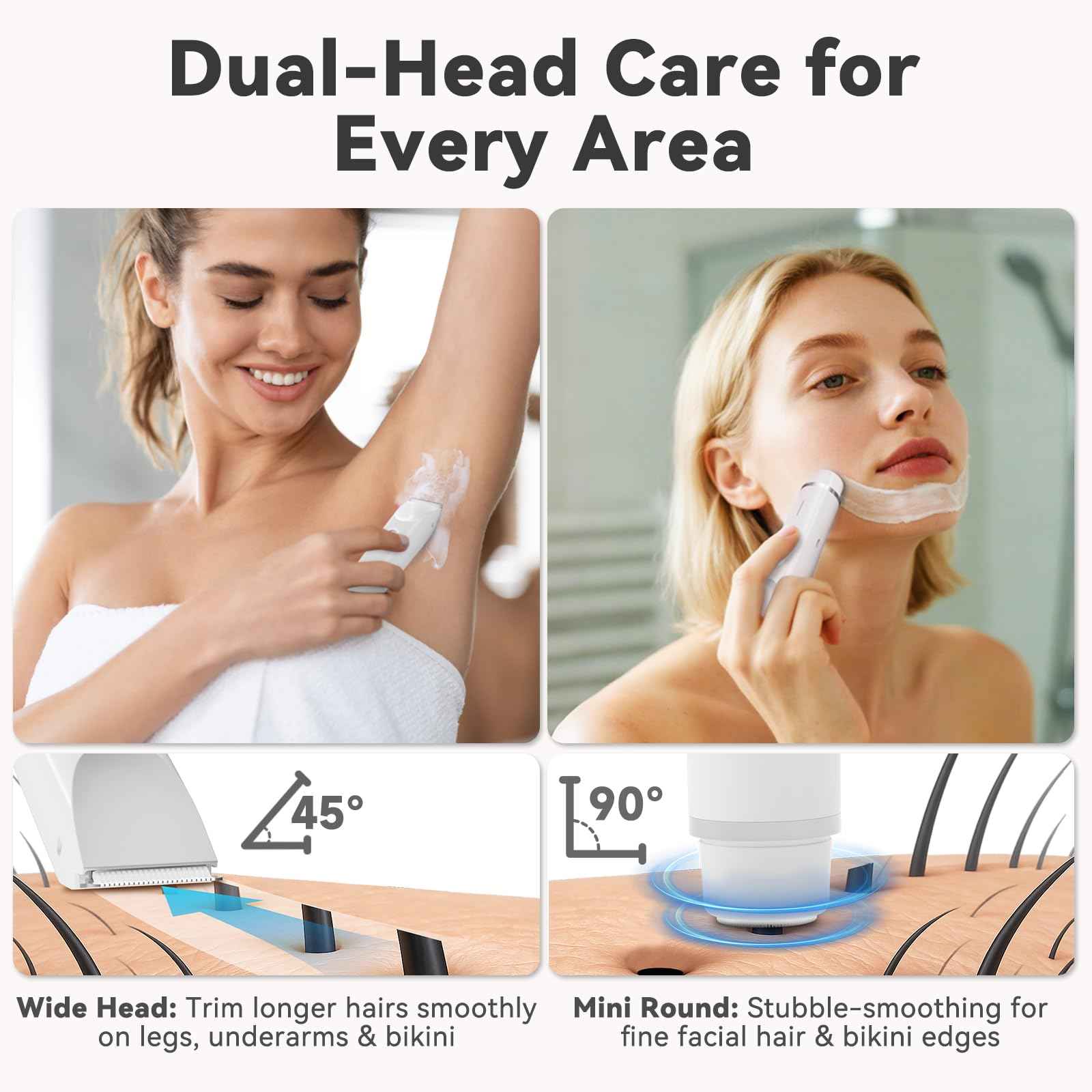 Fanovae Bikini Trimmer for Women – Gentle Electric Razor for Sensitive Areas, Waterproof USB-C Rechargeable Shaver for Body & Face, Stocking Stuffers Holiday Gift (Petal Pink + Pearl White)